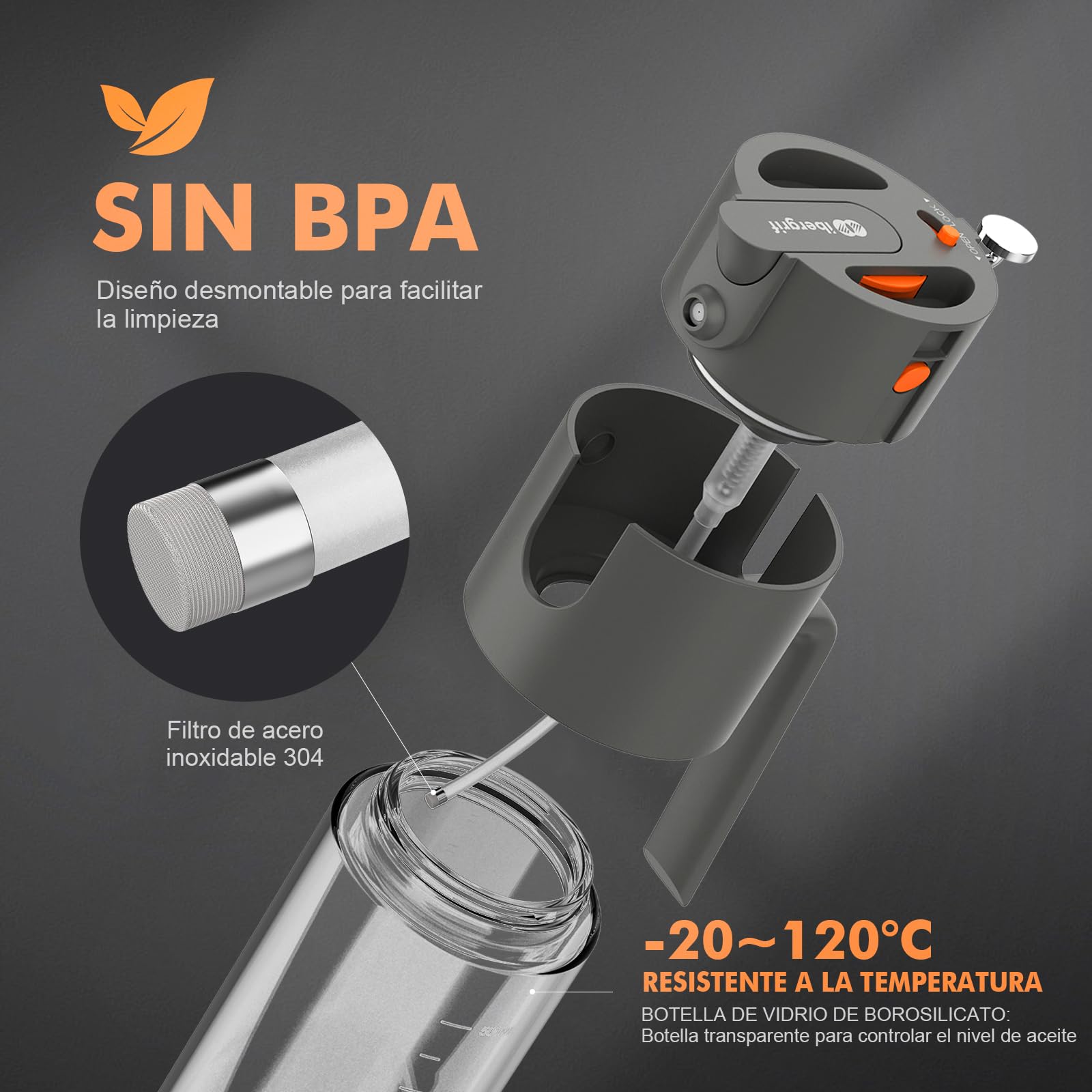 Ibergrif 2 en 1 Pulverizador de aceite 500ml – Aceitera spray con Interruptor, Vidrio de borosilicato, Antigoteo para Freidora de aire, Gris, M530 — view 7