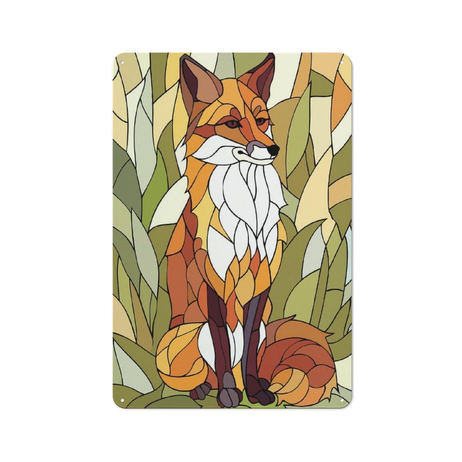 Junmoney Style-3 Vintage Metal Sign 30X20cm Featuring Stained Glass Fox In Nature For Pub Or Café, Wall Decor For People Reorganising Pub And Café