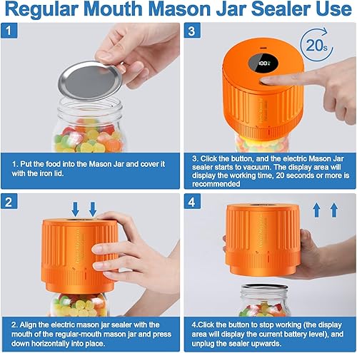 Miniatura 3 de Kit de sellado al vacío de tarro de masón eléctrico para boca ancha y tarro de masón de boca regular, color naranja