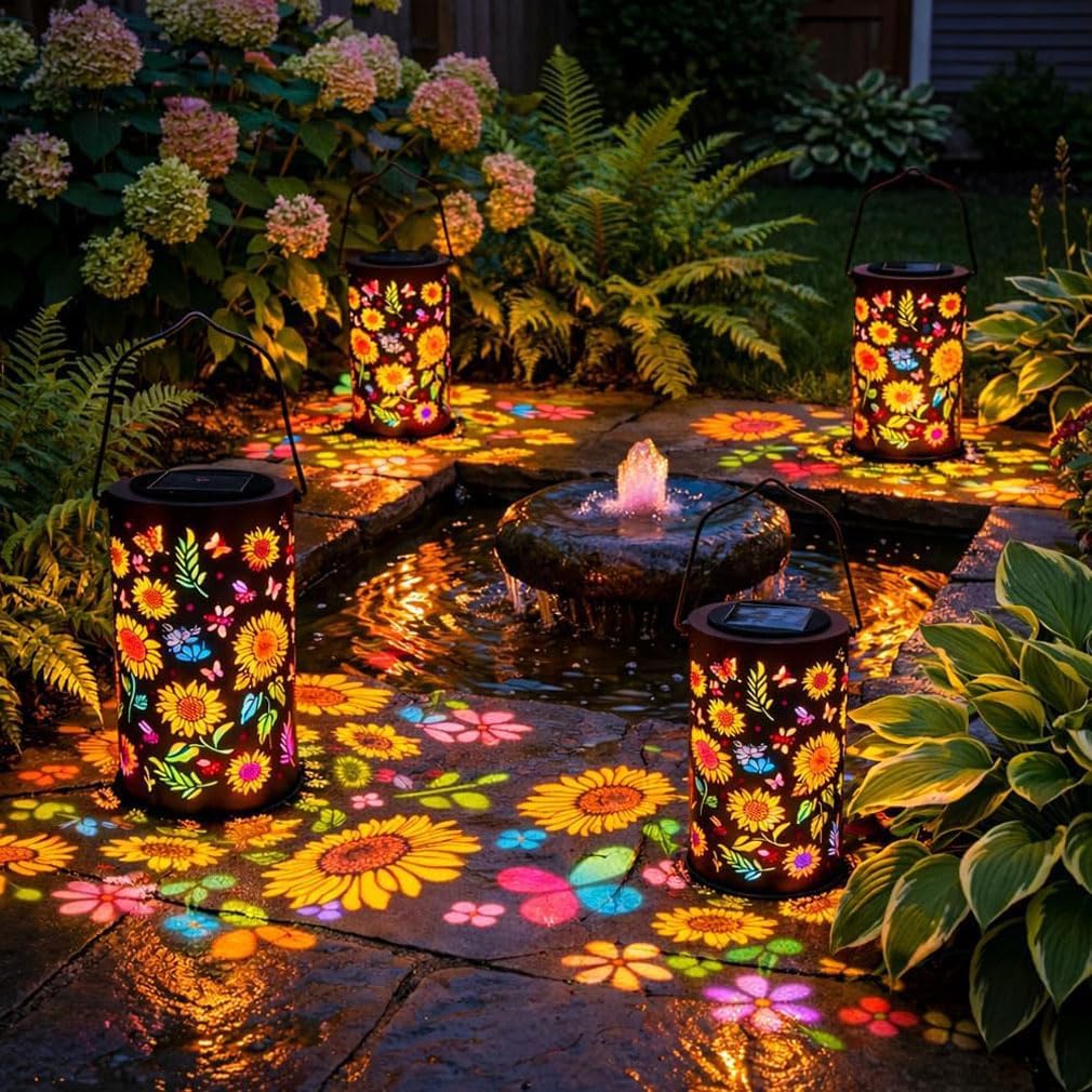 Colourful Sunflower Solar Garden Lantern, Hanging Solar Shade Lantern with Openwork Design, Sunflower Solar Lights for Outdoors, IP65 Waterproof Metal Retro LED Solar Lamp for Garden Patio