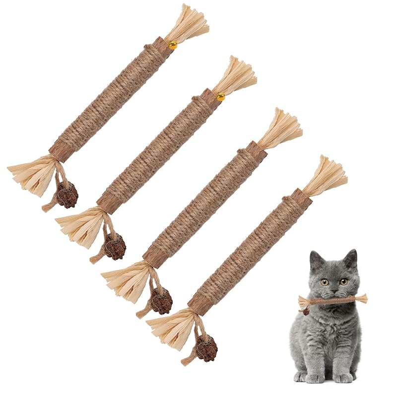 Brinquedo mordedor para gatos com silvervine, sisal natural e folhas de ráfia KINBOM, pacote com 4