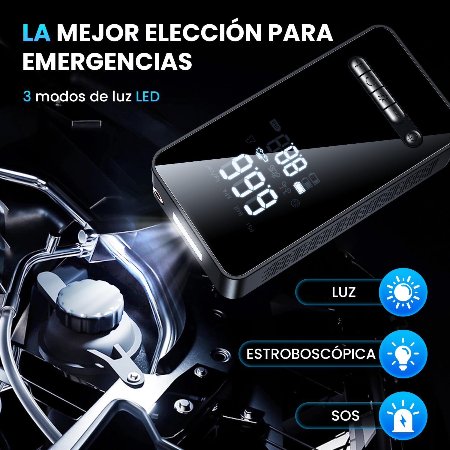 Inflador Ruedas Coche Compresor Aire Portatil - Inflador Electrico 150PSI con Función de Parada Automática, Hinchador Ruedas para Coche Moto Bicicleta Bola, Pantalla Digital y Luz LED, Nueva Versión — view 5