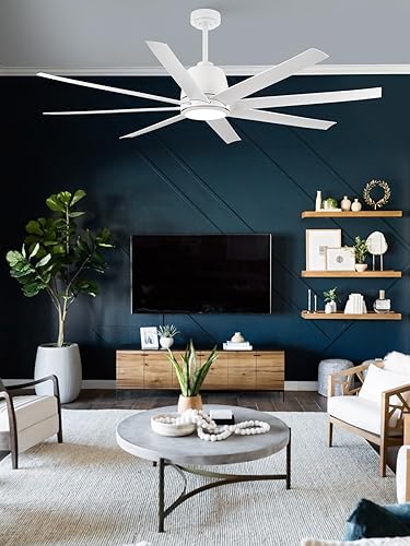 Miniatura 5 de Ventilador de techo grande blanco de 65 pulgadas con luces control remoto de 8 aspas para exteriores, luz de ventilador de techo para patio, flujo