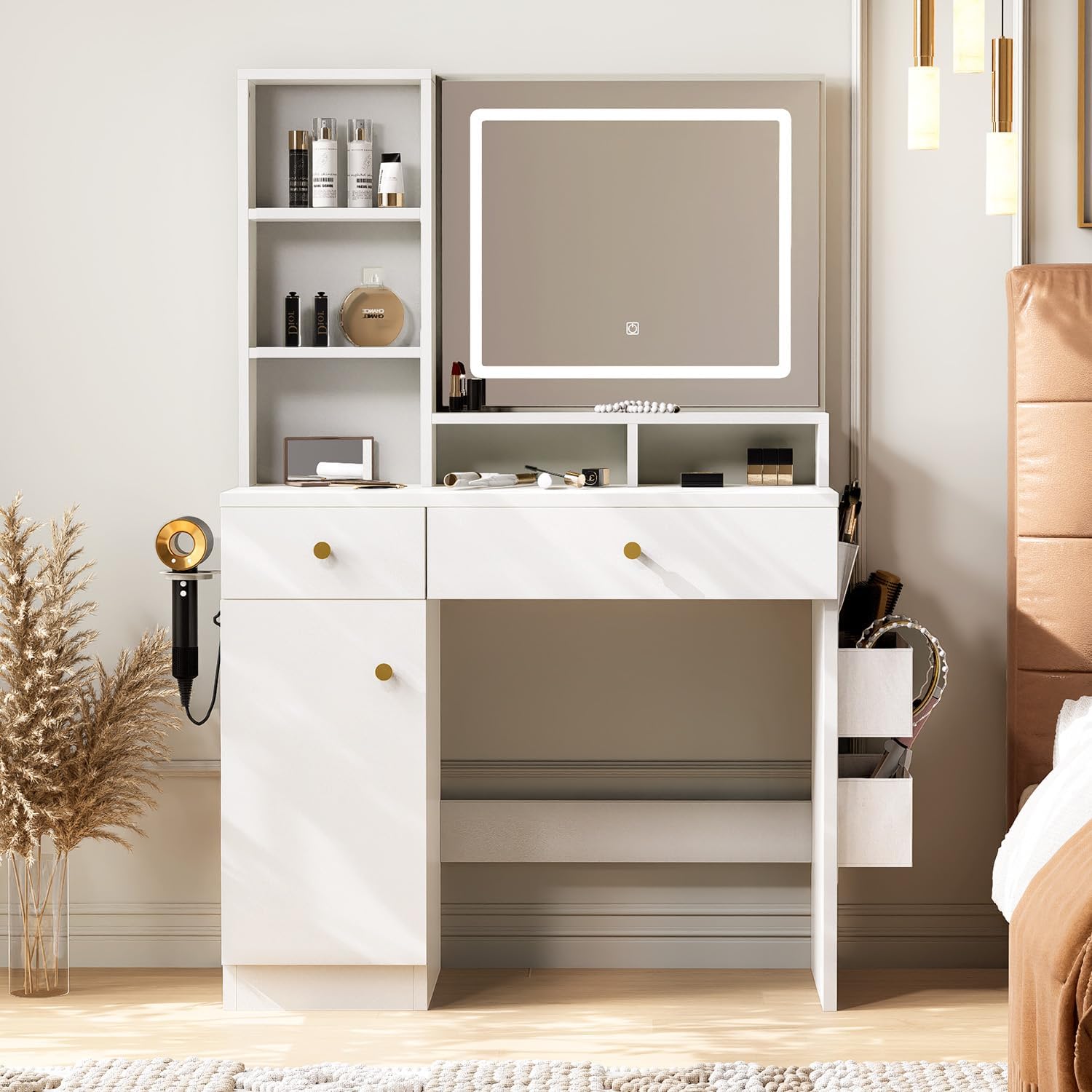 MXV Vanity Desk with LED Lighted Mirror, Side Storage Bag & Power Outlet, Makeup Vanity Table with Drawers & Cabinet, Make Up Vanity Desks, 3 Lighting Modes, for Bedroom, White, No Chair
