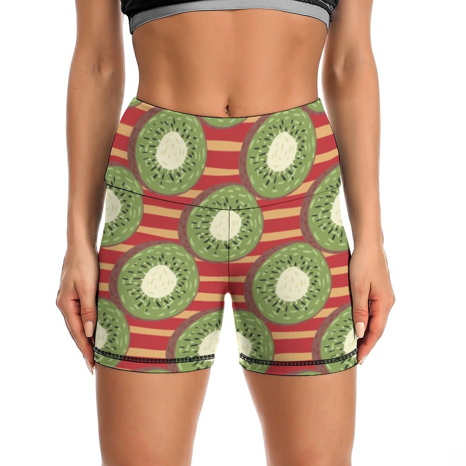 Kiwi Fruit Red Stripe Pattern High Waist Yoga Shorts for Women Athletic Shorts Leggings Running Pants
