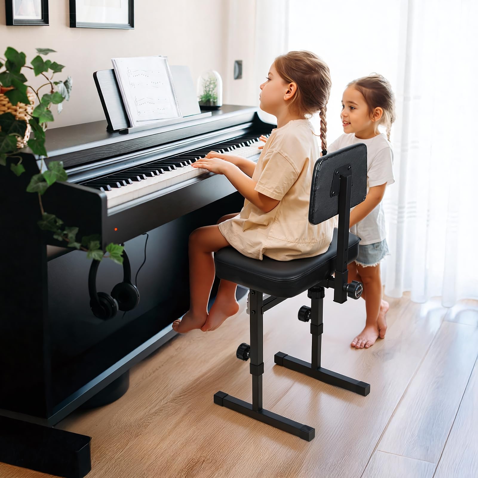 H-style Sgabello regolabile per pianoforte, 5 altezze regolabili, con schienale imbottito, sedia da tastiera da 44,5 cm a 55,9 cm, con seduta in ecopelle, per musicisti, bambini e adulti, gambe in