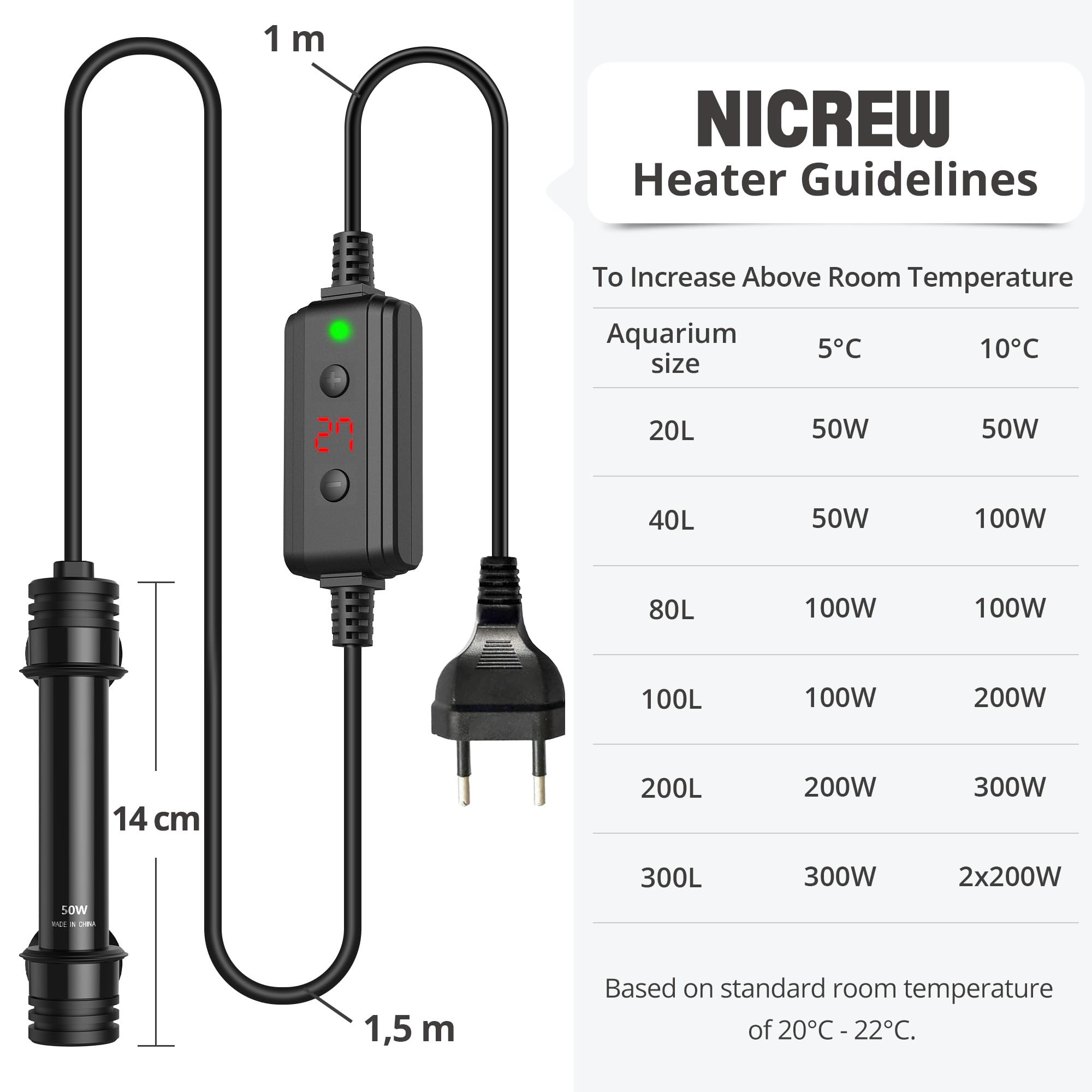 NICREW Calentador Acuario 50 W, Temperatura Regulable de 15 a 35 ℃, para Acuarios de hasta 40 L, Protección contra el Sobrecalentamiento