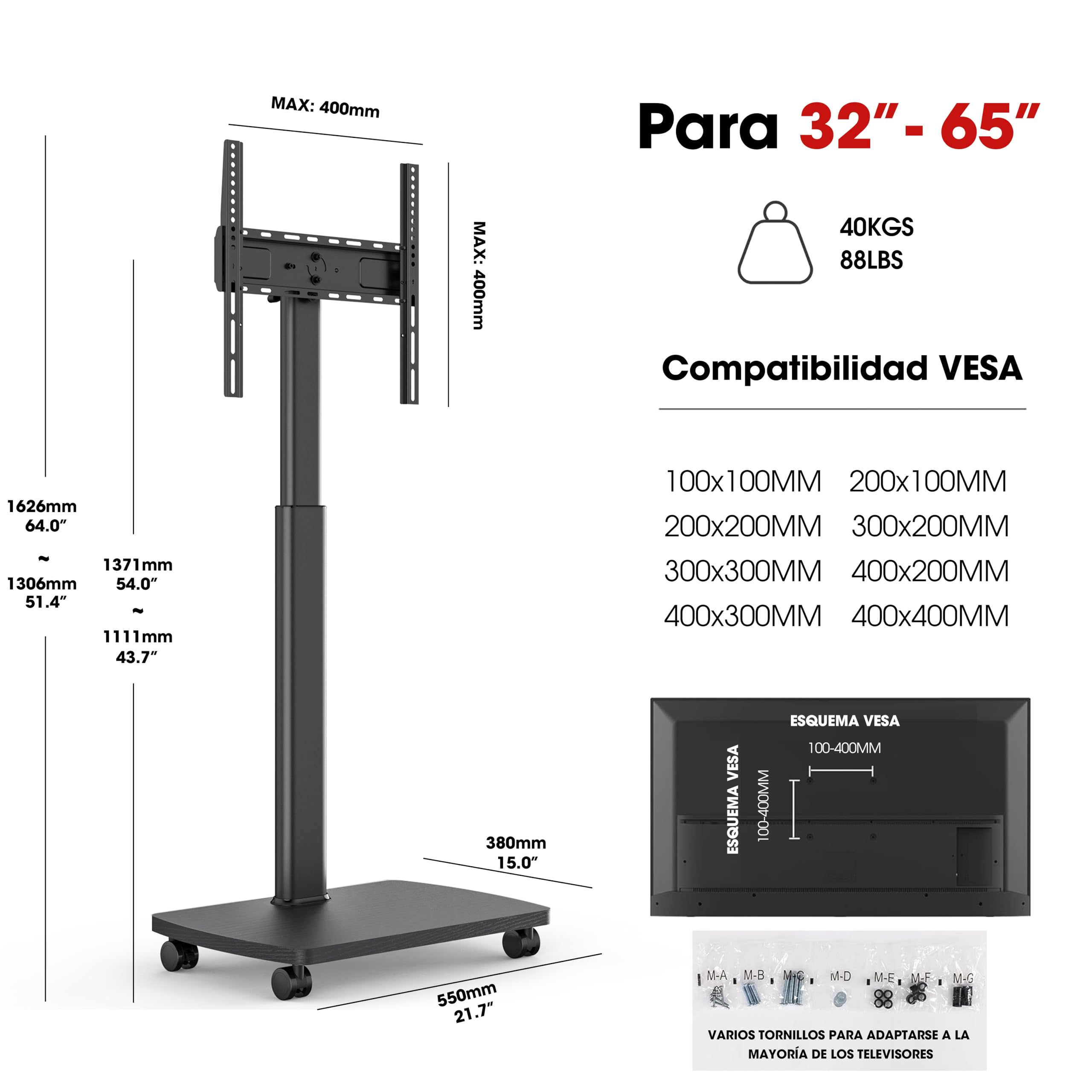 AOKCOS Soporte de TV enrollable con estante de madera, soporte de televisión con ruedas para televisores planos y curvos de hasta 35 kg, giratorio 90°, altura ajustable, máx. VESA 400 x 400 mm (negro)