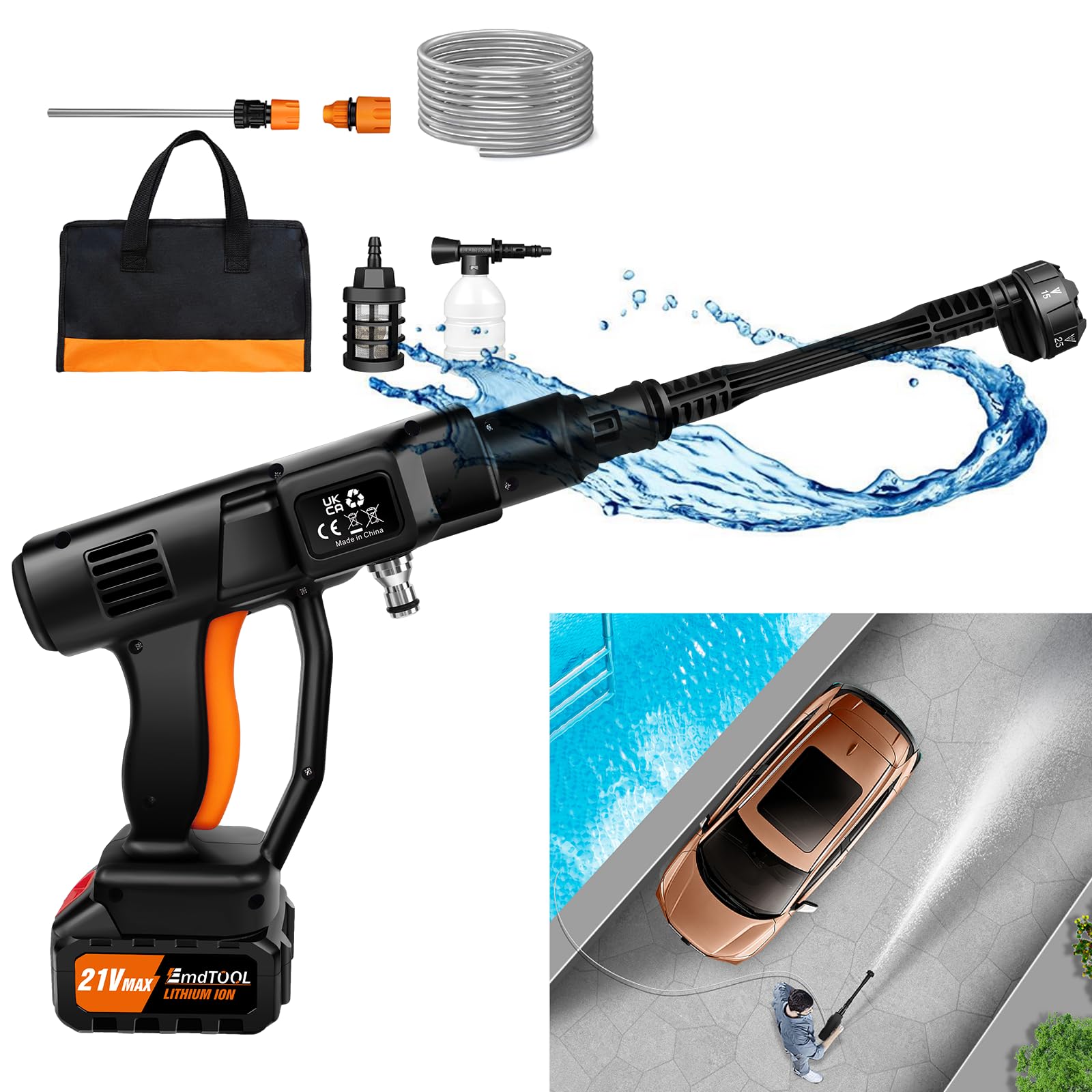 Lavadora a Presión con Chorro de Lavado a Chorro de Batería de 180 Vatios, Batería y Carga de 1300 mAh, Boquillas Ajustables 6 En 1, Manguera de Agua de 5 m / 25 cm, Cesta de Filtro, Naranja