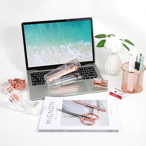 Miniatura 7 de Accesorios de escritorio de oro rosa, juego de suministros de oficina con grapadora acrílica, dispensador de cinta, removedor de grapas, soporte