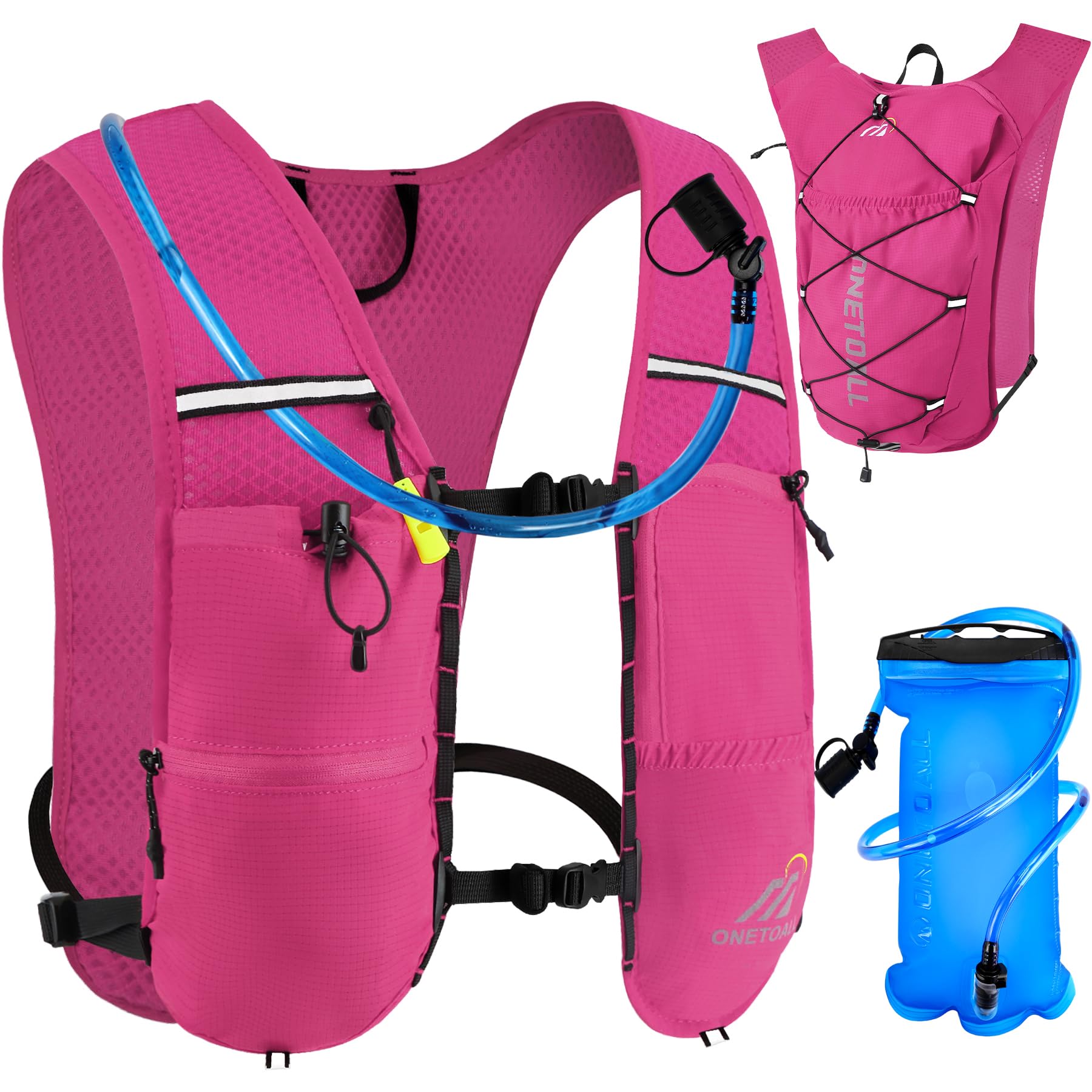 ONETOALL Running Vest Women with Water Bladder 2L, 6L Reflective Hydration Backpack Mens, Lightweight 150g for Trailrunning Hiking Marathon, Pink with Water Bladder โ image 1
