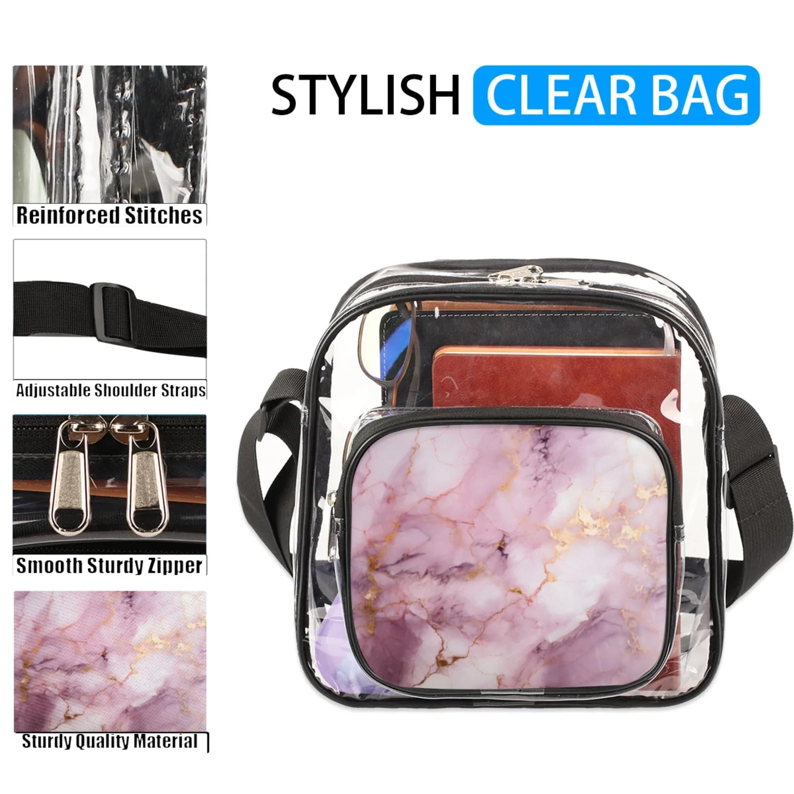 GzLeyigou Clear Crossbody Bag Stadium Approved Marble Pattern Texture Transparent Bag for Festivals, Sports Events, Concerts,Beach Bag for Women Men Clear Purse with Front Pocket Messenger Bag