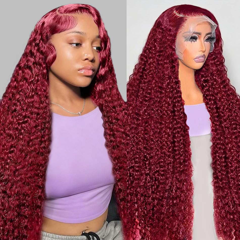 Jilho 30 Inch Burgundy Wig Human Hair 99J Burgundy 13x6 Deep Wave Lace Front Wigs Human Hair 200% Density HD Lace Frontal Wigs Pre Plucked Glueless Red Colored Wigs for Women