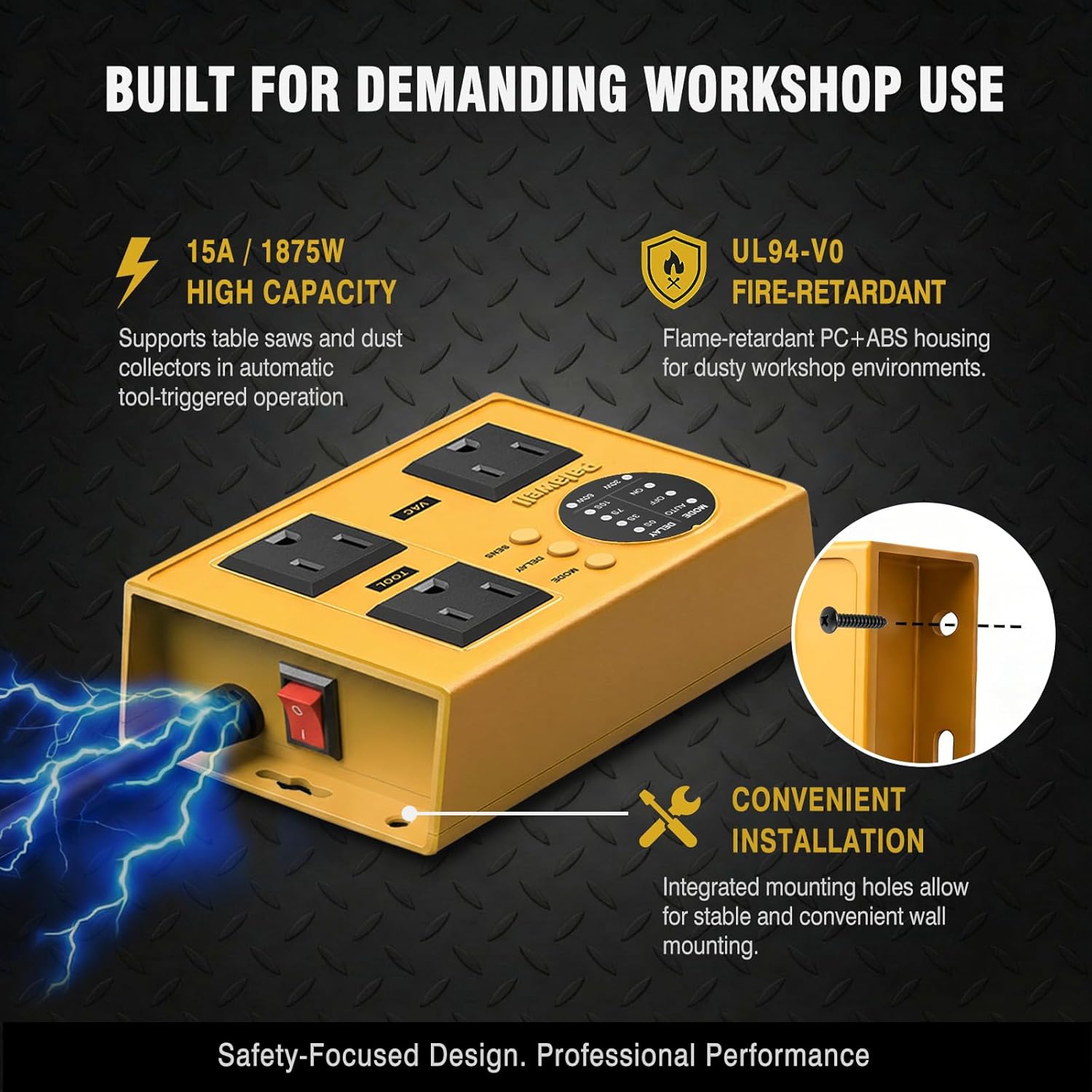 Automatic Vacuum Switch for Power Tools - Adjustable Threshold (30W/60W) & Delay (0s-10s) - Heavy Duty Tool Activated Outlet for Miter Saw,Table Saw,Router, Sander & Shop Vac,Reinforced Mounting, 15A
