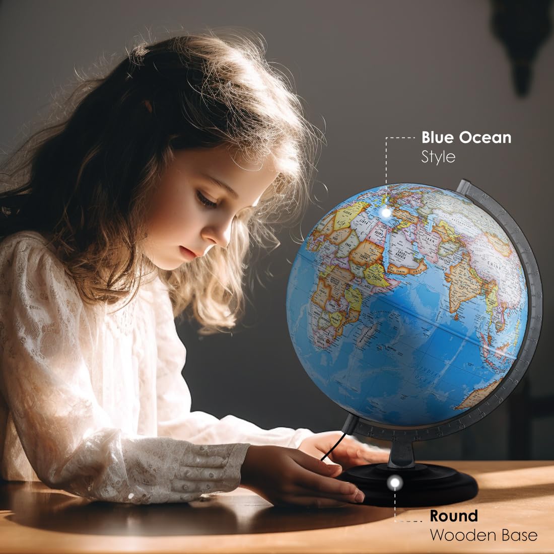 Waypoint Geographic Light Up Globe - Peninsula II 12" Illuminated Antique Ocean Style World Globe With Wood Stand For Desk, Bookshelves, Office, Home