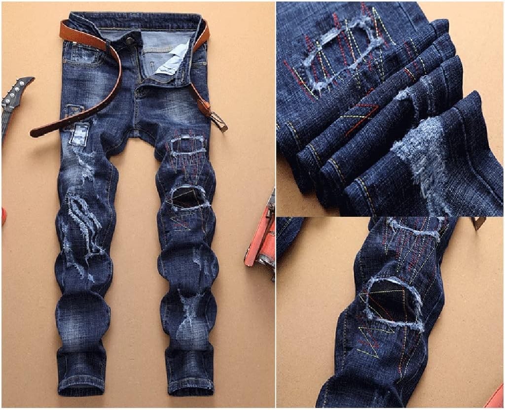 Men Jeans Pants Ripped Slim Denim Trousers Biker Male Straight Casual Patchwork