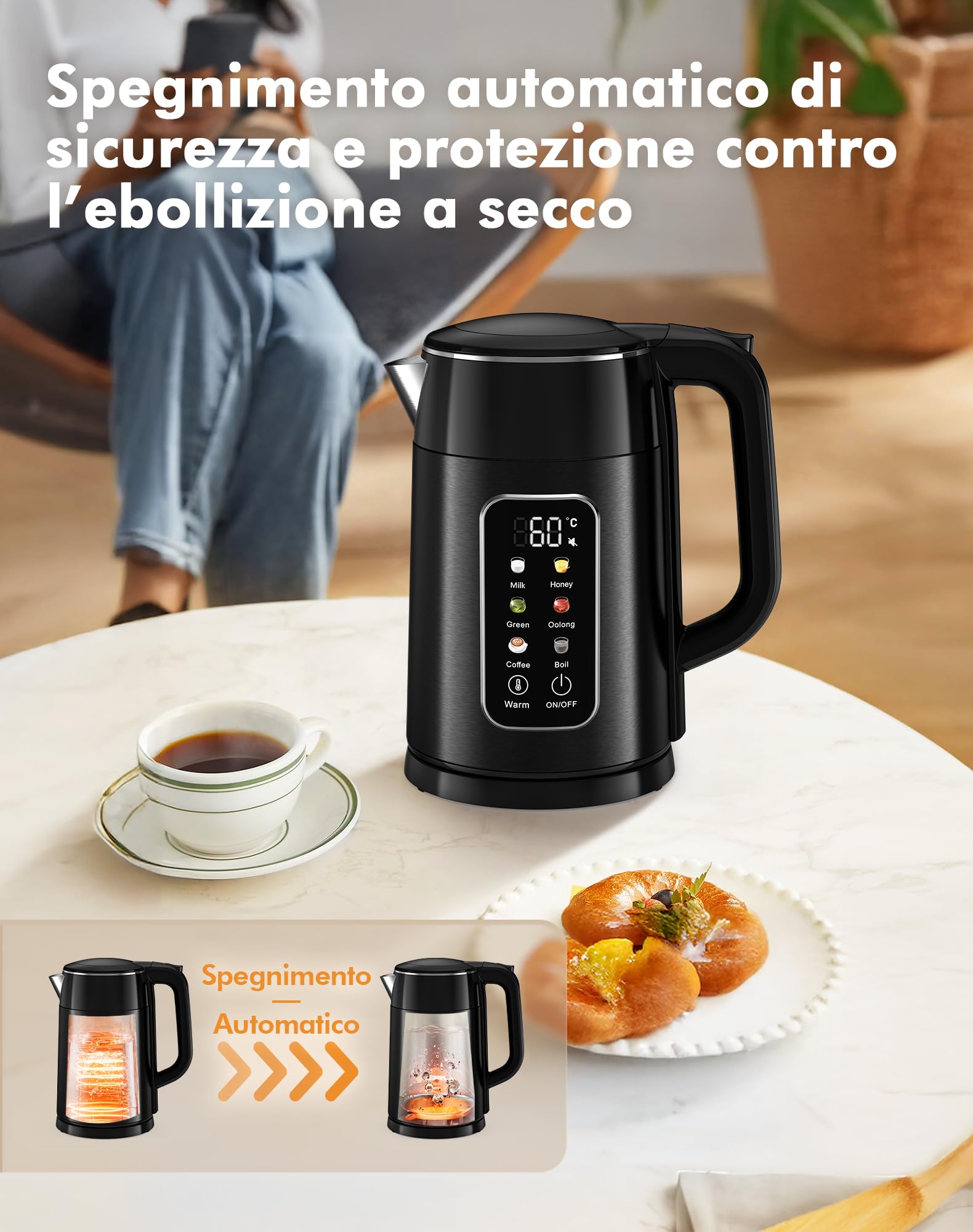 Bollitore Elettrico con Temperatura Regolabile, 2200W 1.7L, 6 Programmi Preimpostati, Acciaio Inox 304, Senza BPA, Display LED, Funzione Mantieni Caldo 2H, Base 360°, Nero (Nero)