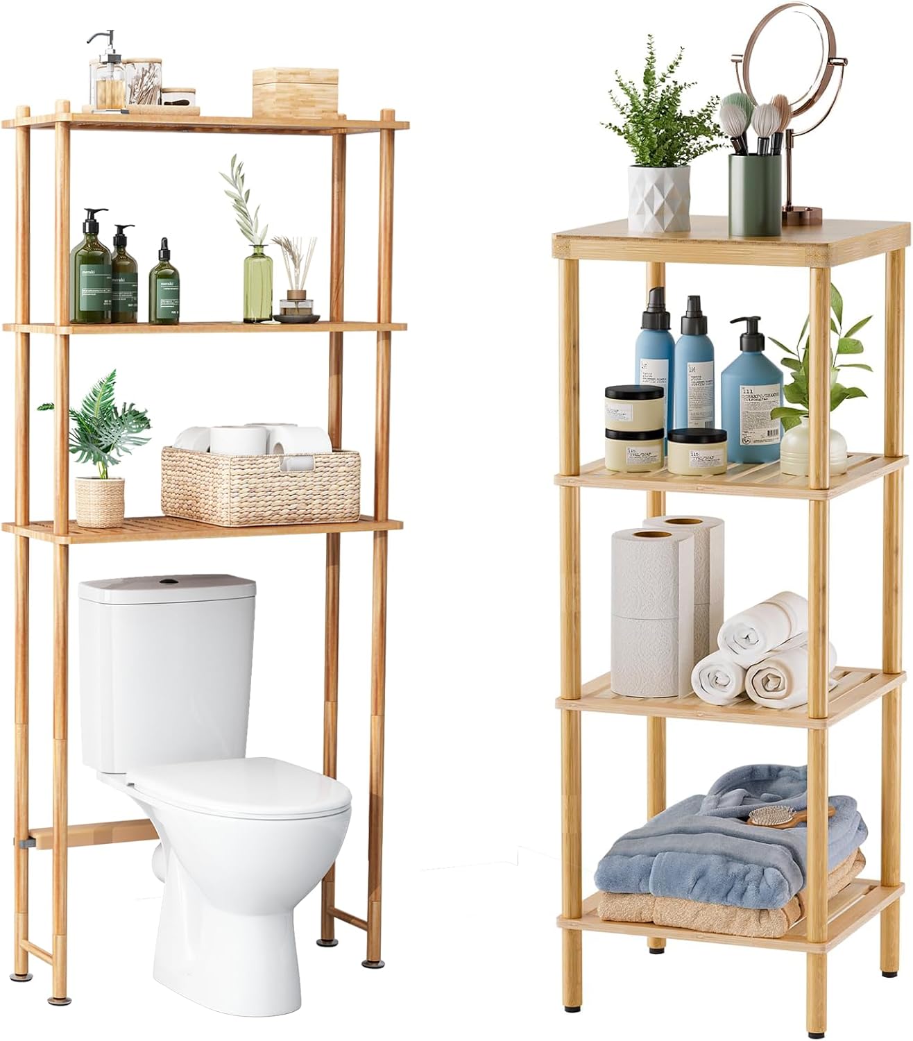 AmazerBath 4-Tier Bamboo Bathroom Shelf Over The Toilet Storage Shelf Bamboo, 3-Tier Over Toilet Organizer Rack