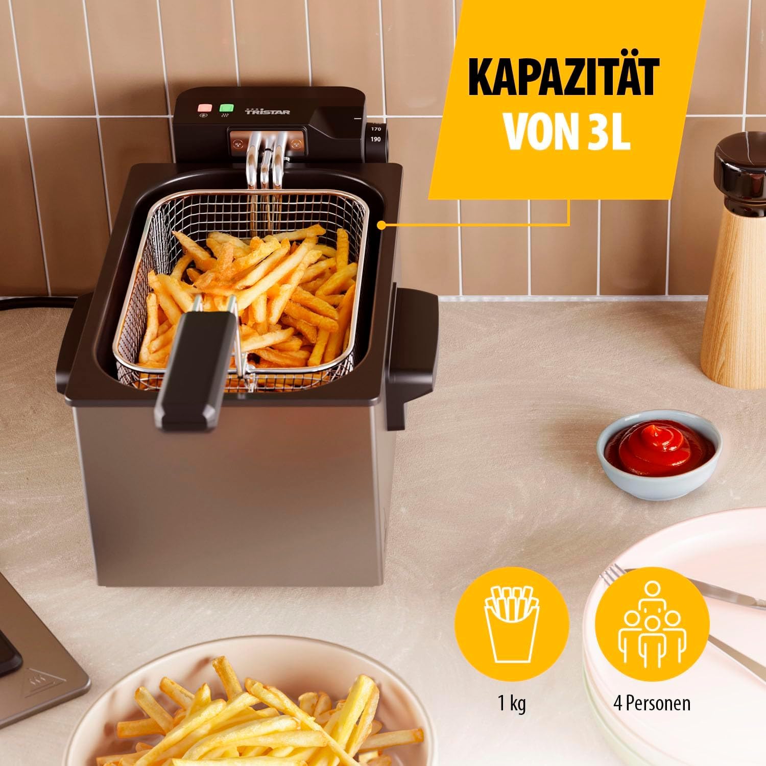 Tristar Fritteuse, 3 Liter, Cool Zone Technologie, Verstellbarer Thermostat bis 190°C, Spülmaschinenfeste Teile, Sichtfenster, Kabelaufbewahrung, Überhitzungsschutz, Kompaktes Design, FR-9327