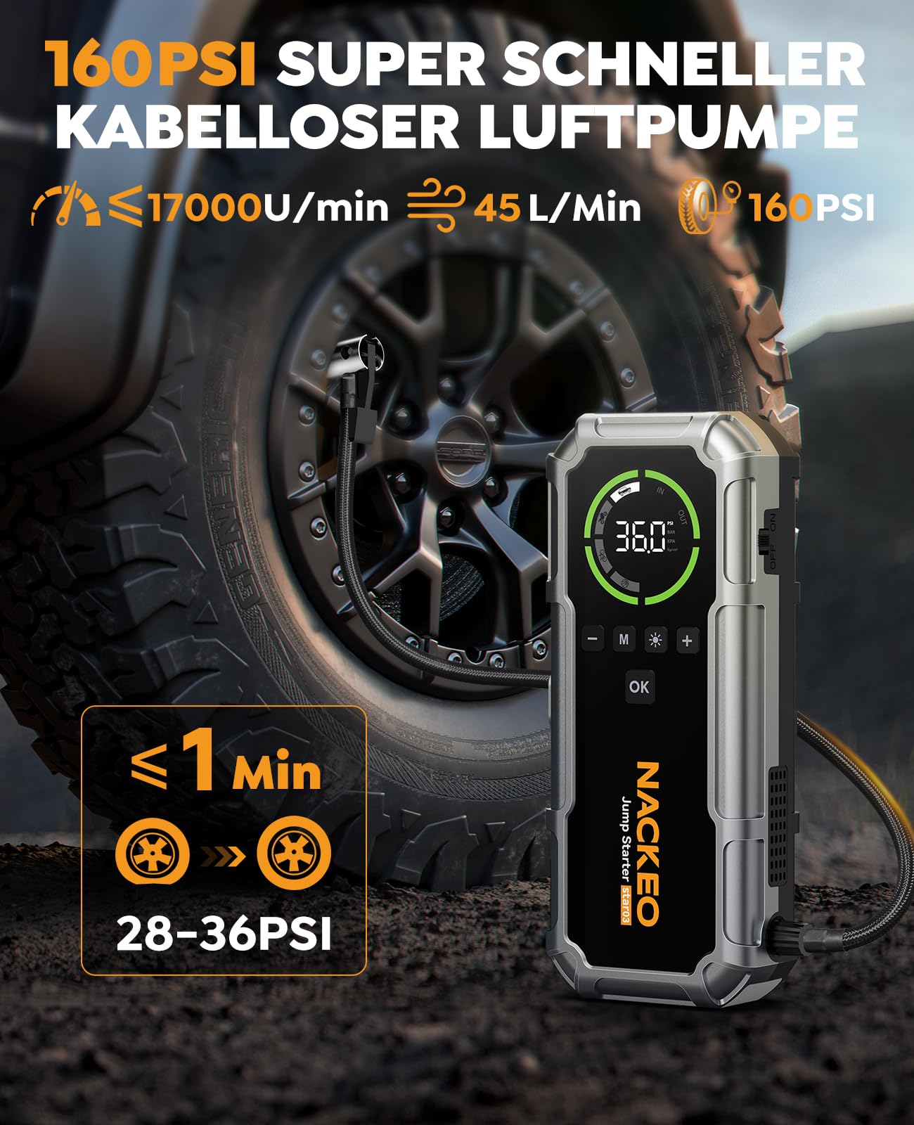 8000A Starthilfe Powerbank mit Kompressor 160PSI, 12V Auto Starthilfe Powerbank für alle Benzin und 12L Diesel, 20000mAh Starthilfegerät mit Starthilfekabel, 600 Lumen LED-Licht und LCD-Bildschirm