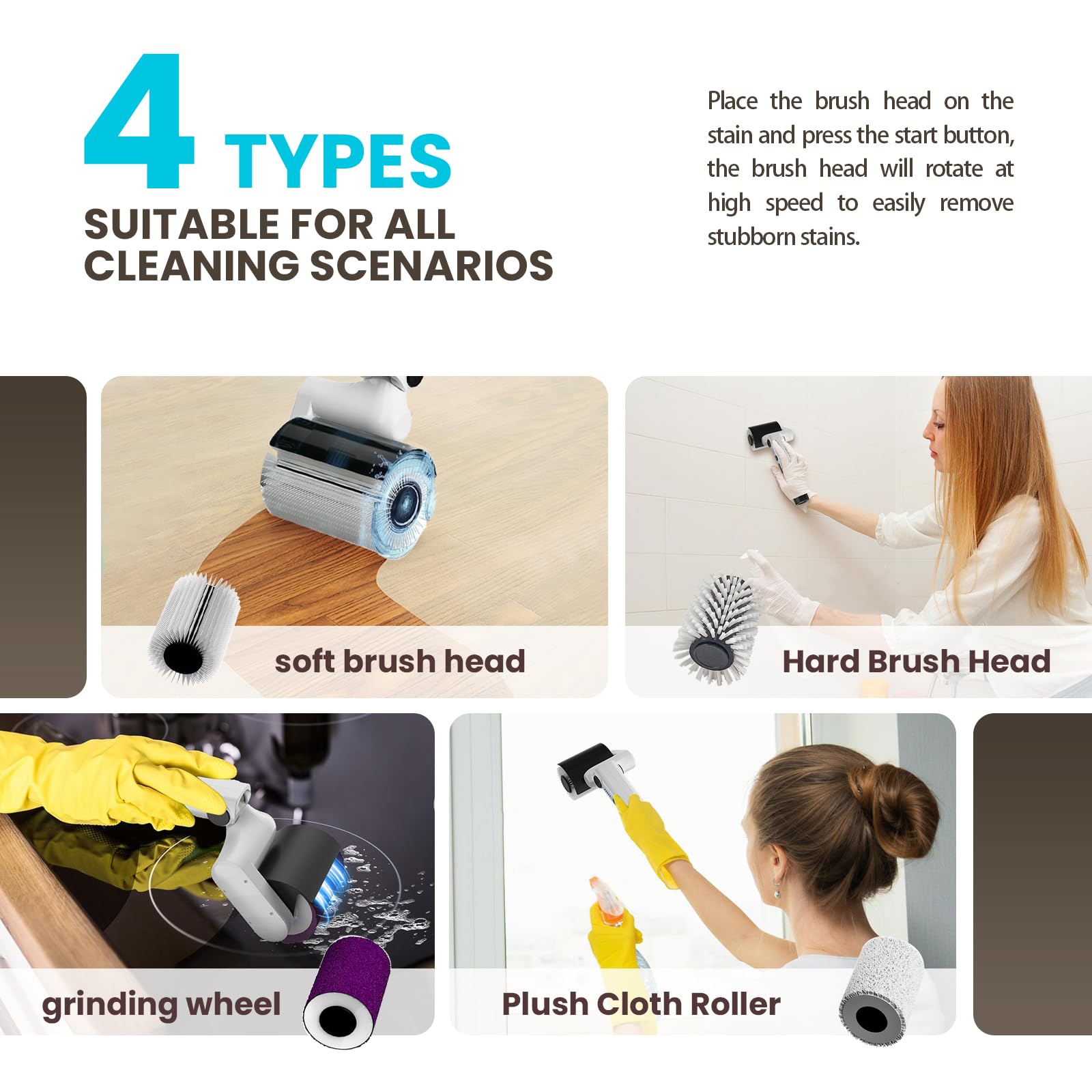 auvstar Elektrische Reinigungsbürste,Electric Cleaning Brush,Elektrische Putzbürste Reinigungsbürste Bad 4 Vielseitigen Bürstenköpfen mit Verstellbarem Griff für Bad Küche Auto Fußboden