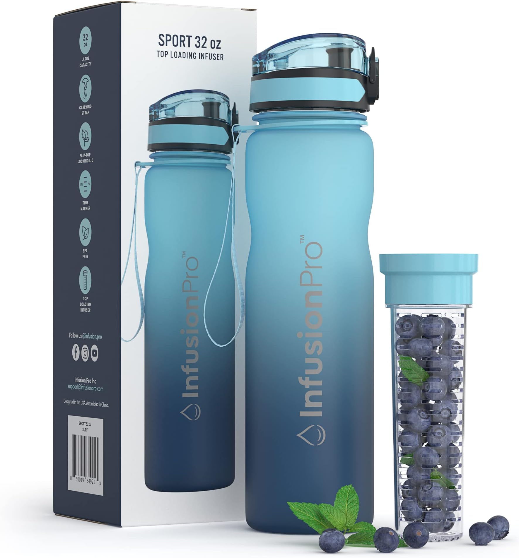 Infusion Pro 32 oz Fruit Infuser Water Bottle with Time Marker - Flip Top Locking Lid, Insulated Sleeve & 50 Recipe Fruit Infusion Water eBook : Leak Proof : for Gym, Sports, Travel : Unique Gift Idea