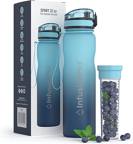 Infusion Pro Botella de agua con infusor de frutas de 32 onzas con marcador de tiempo, tapa de bloqueo superior, funda aislada y libro electrónico