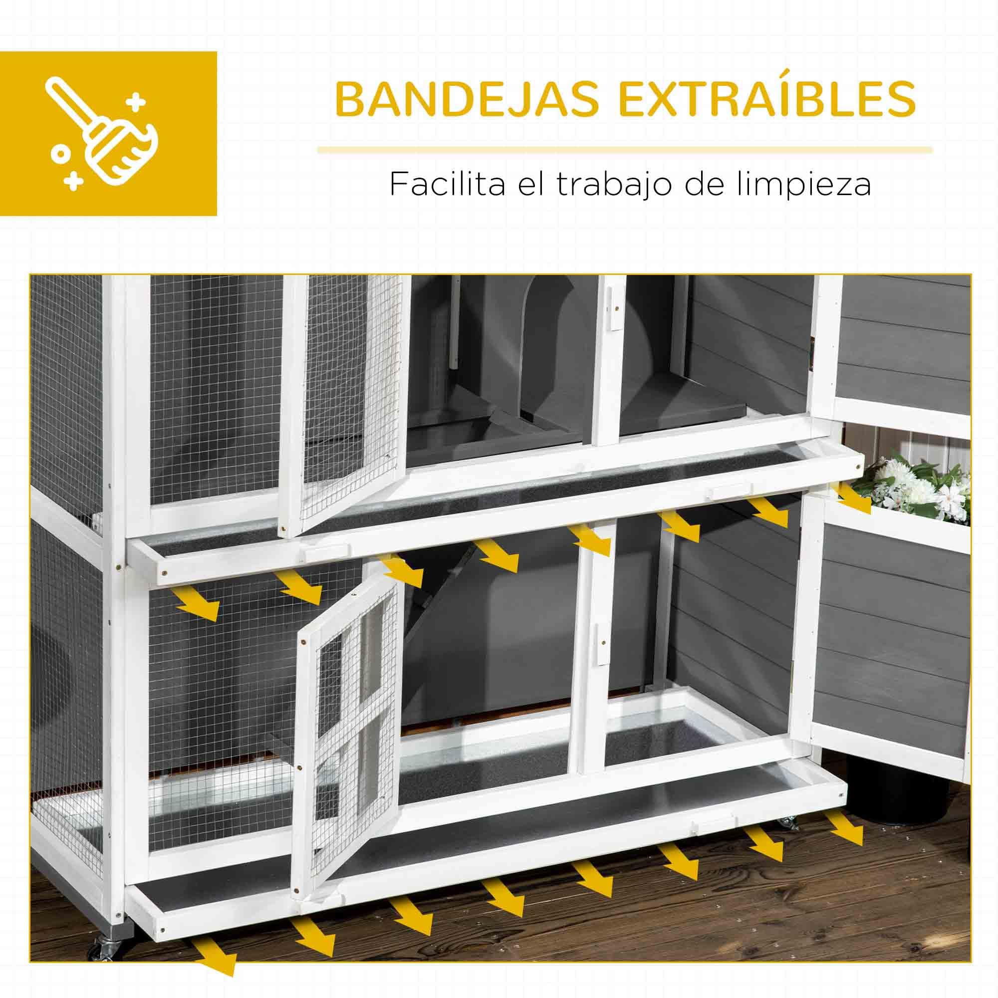 PawHut Conejera de Madera de 2 Niveles Jaula para Conejos con Ruedas 2 Puertas Techo y 2 Bandejas Extraíbles Conejera para Interior y Exterior 119x50,5x109 cm Blanco y Gris