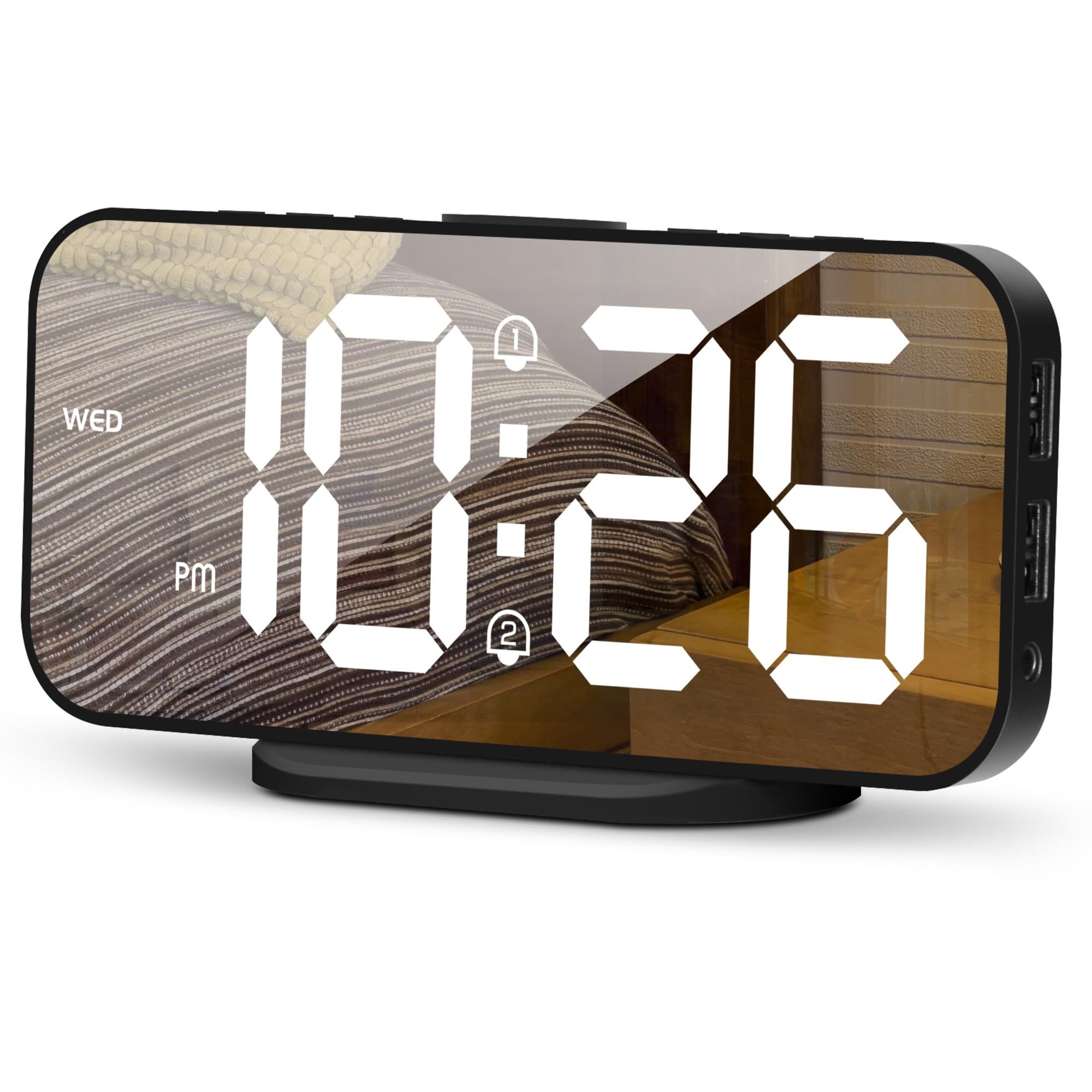 Horloge miroir LED pour chambre à coucher moderne avec ports USB et alarme semaine