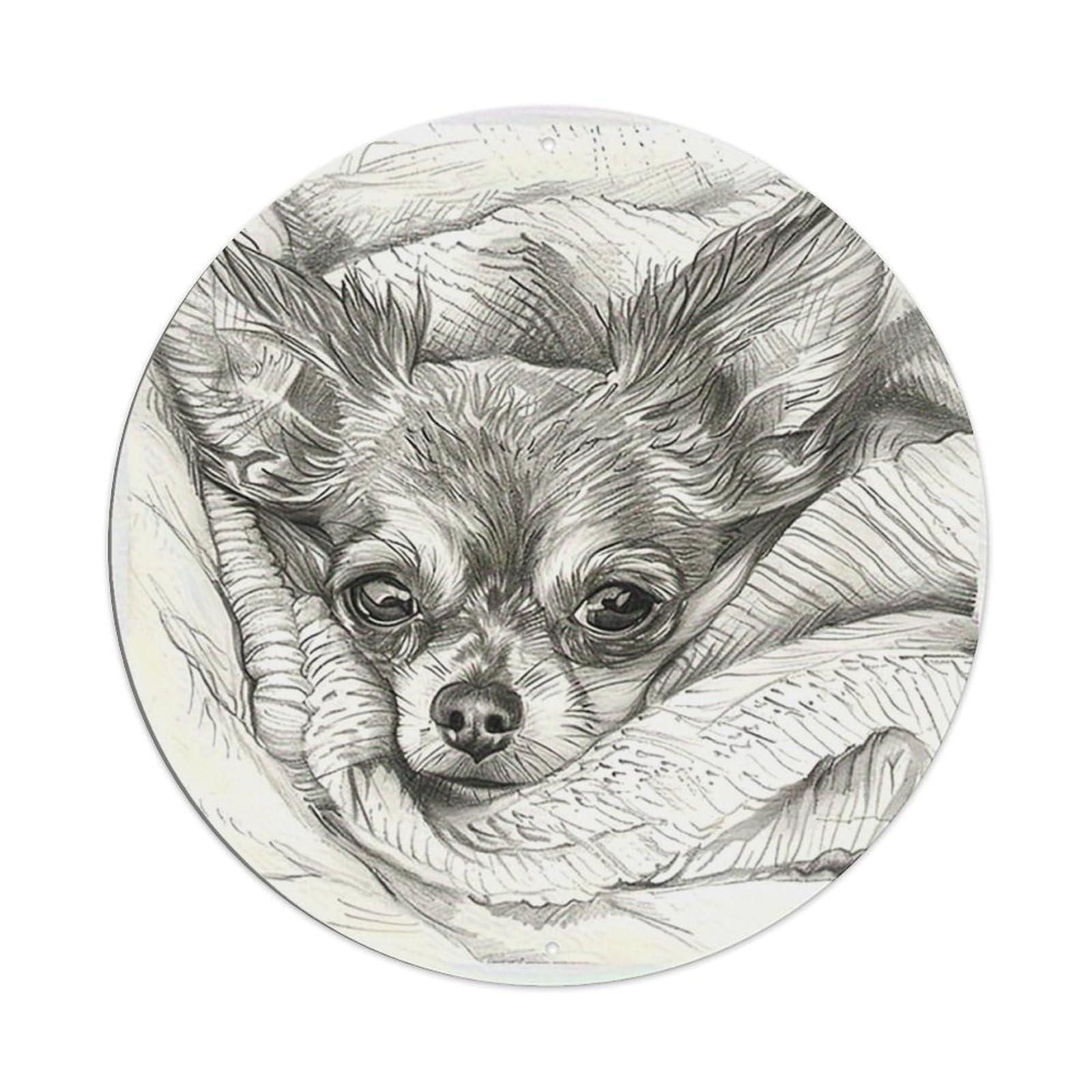 Chihuahua Dog Portrait Sketch Art Vintage Round Tin Sign Retro Metal Wall Decor Metal Poster, Home Bar Garage Cafe Wall Art Decoration 8x8Inches