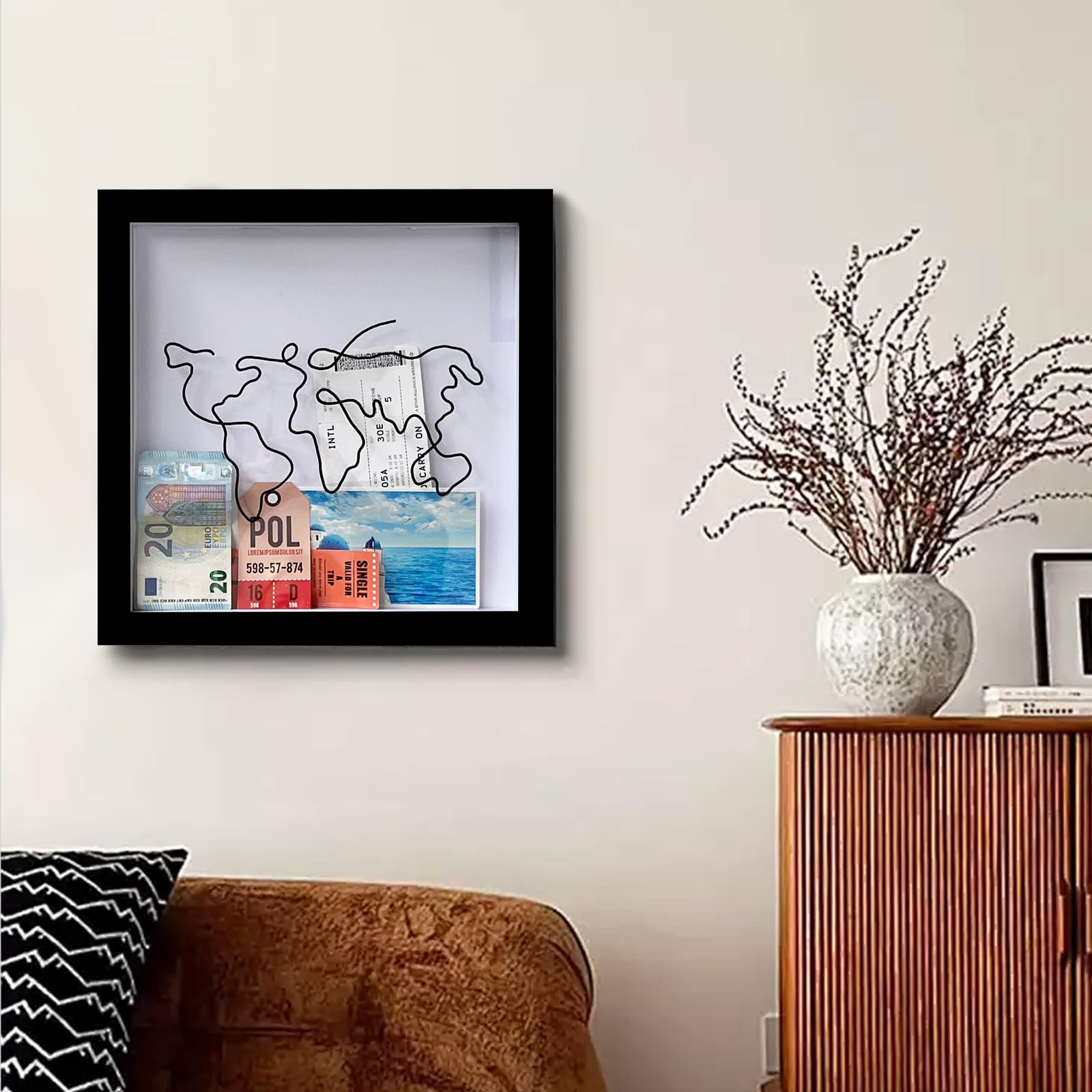 Scatola per archivio avventura, 29 x 29 x 4,5 cm, scatola per biglietti, con slot per memoria, in legno, da appendere, per film, sport, viaggi, concerti, biglietti, ricordi (nero