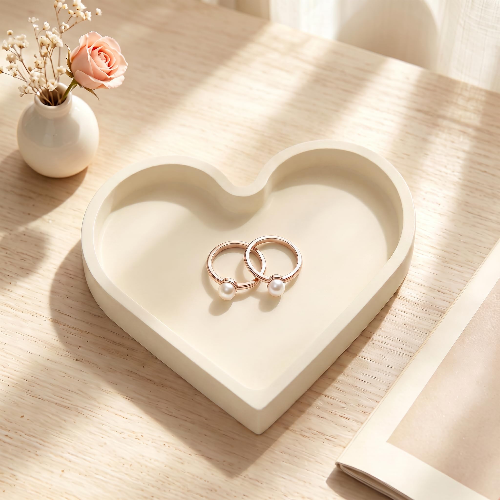 BLESWIN Heart Shape Silicone Jewelry Tray, Ring Dish, Small Key Bowl, Cute Trinket Tray for Necklace Earrings Bracelet Watch, Home Decor Gift for Mom Sister Daughter Friend Girlfriend, Beige