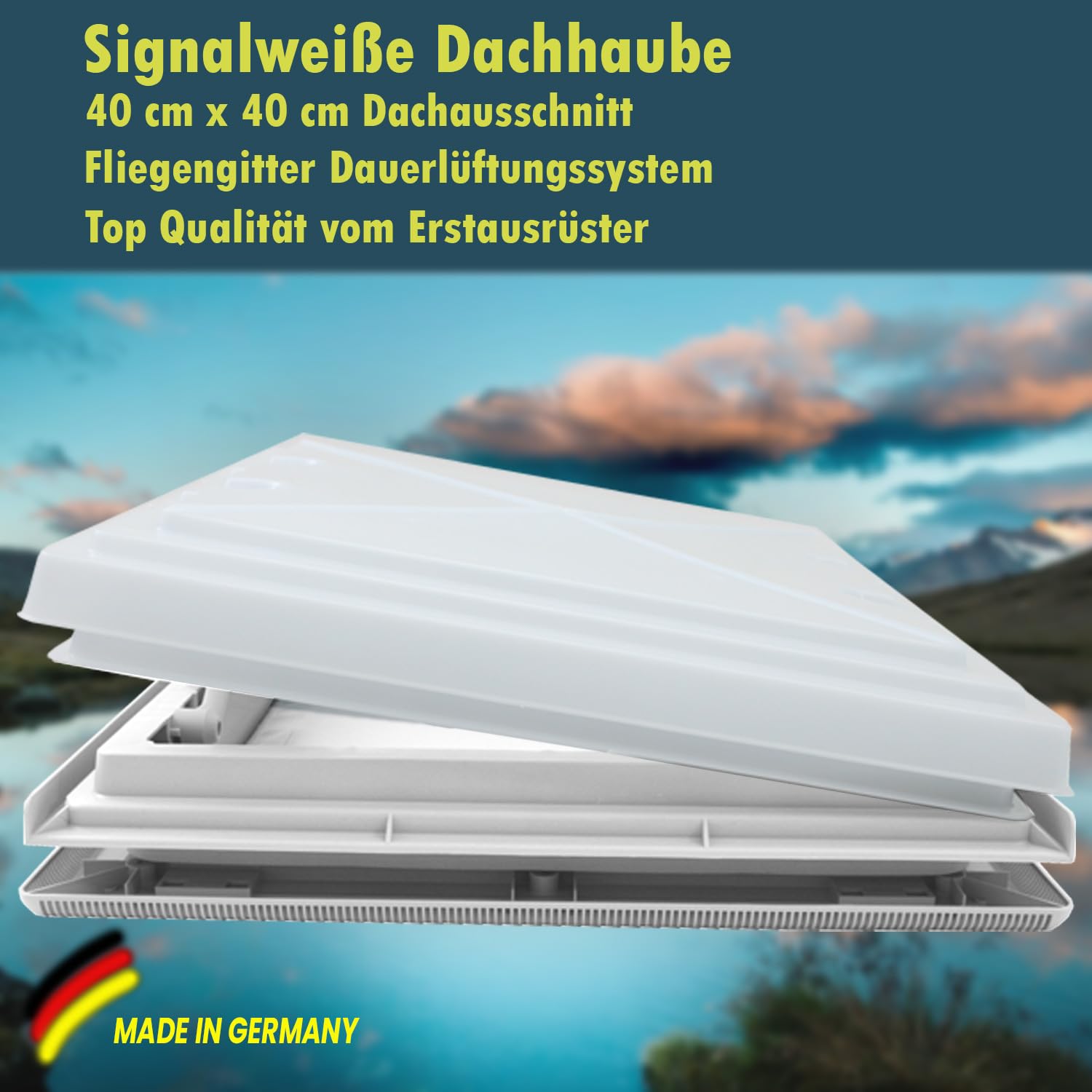 MPK 42 Dachhaube mit Moskitonetz, 40 x 40 cm, mit Milchglashaube in signalweiß für Wohnwagen Wohnmobil Caravan