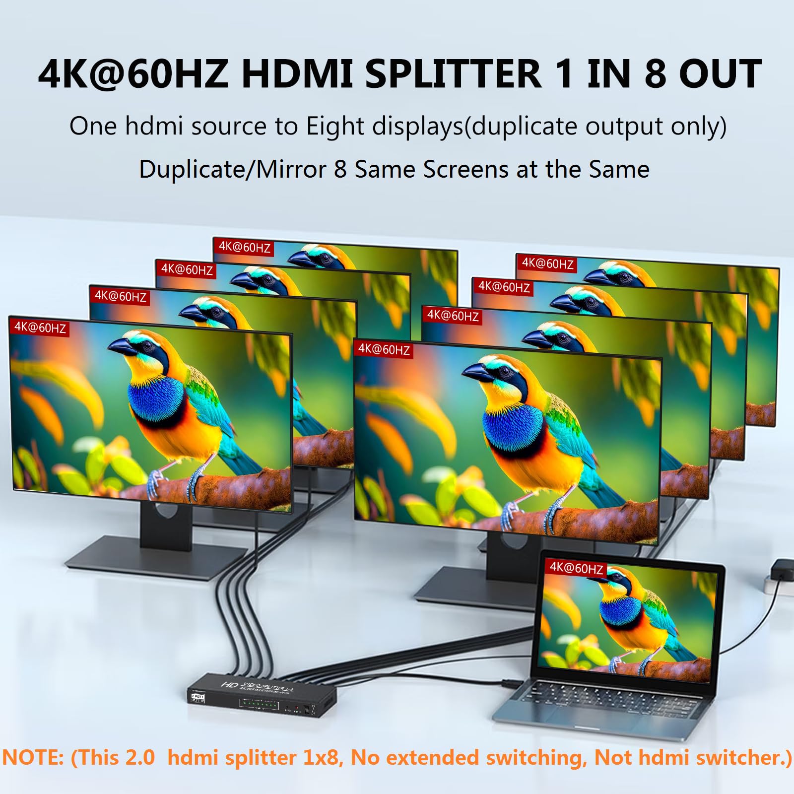 Répartiteur HDMI 4K @ 60 Hz 1 entrée 8 sorties, 4:4:4, 18 Gbit/s, répartiteur HDMI 2.0 alimenté à 8 ports, prise en charge du détartreur automatique vers le bas, synchronisation 4K 1080p, HDR10, 3D