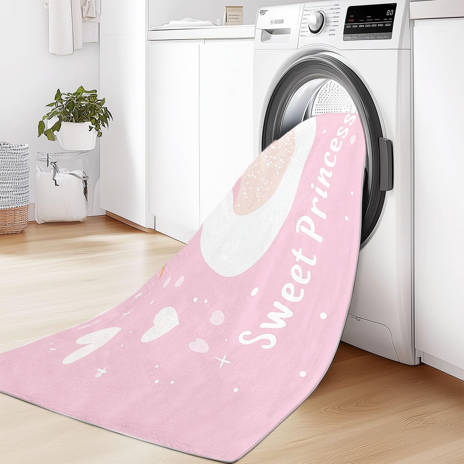 Tapis Salon Poil Court Lavable Antidérapant 60x110 cm Rose Blanc Motif Cygne Princesse