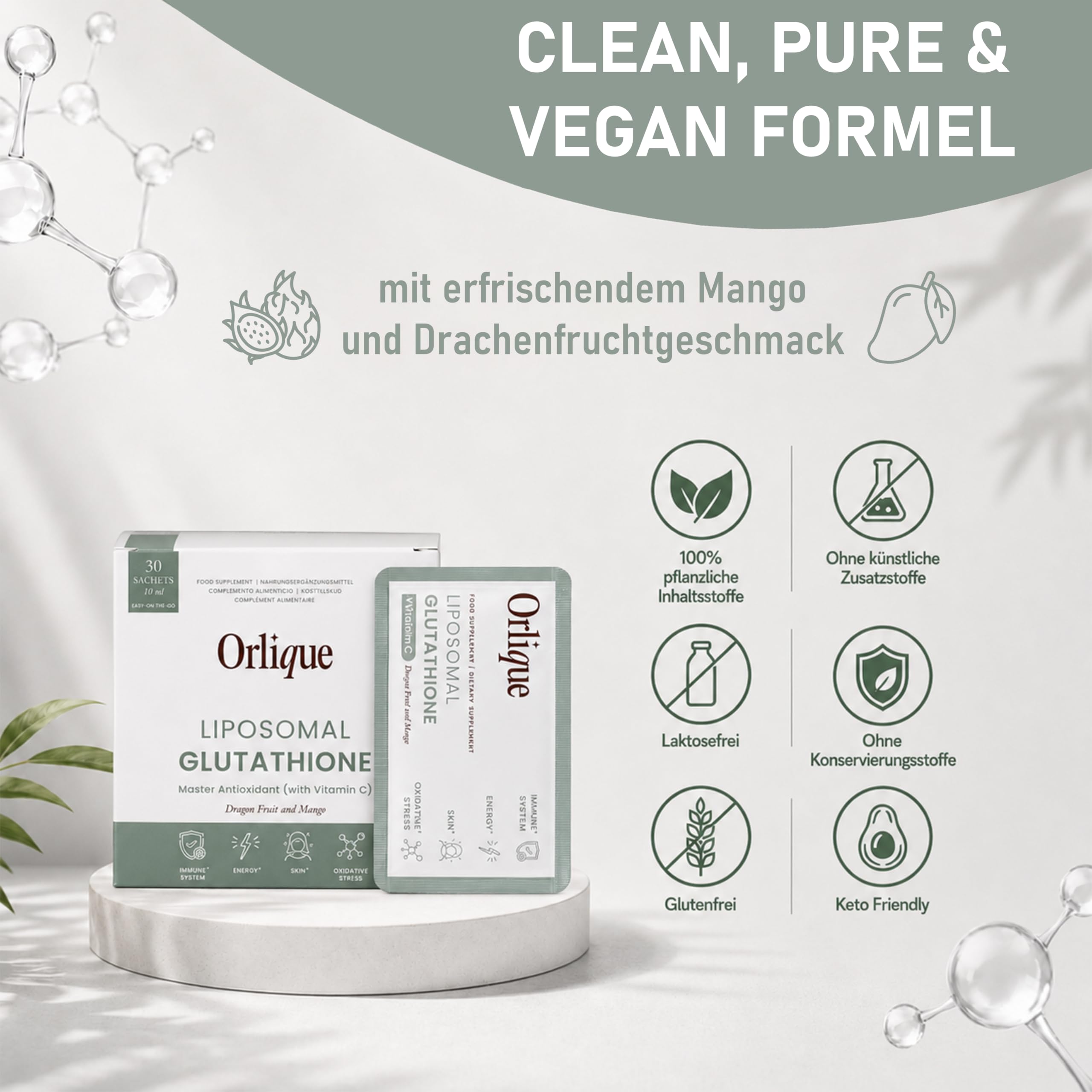 Liposomales Glutathione mit Vitamin C - 30 Sachets - 400 mg l-Gluthation & 700 mg Vitamin C Flüssig Pro 10 ml - Antioxidans für Immunsystem, Zellschutz, Entgiftung & Energie - Vegan & Lab Getestet