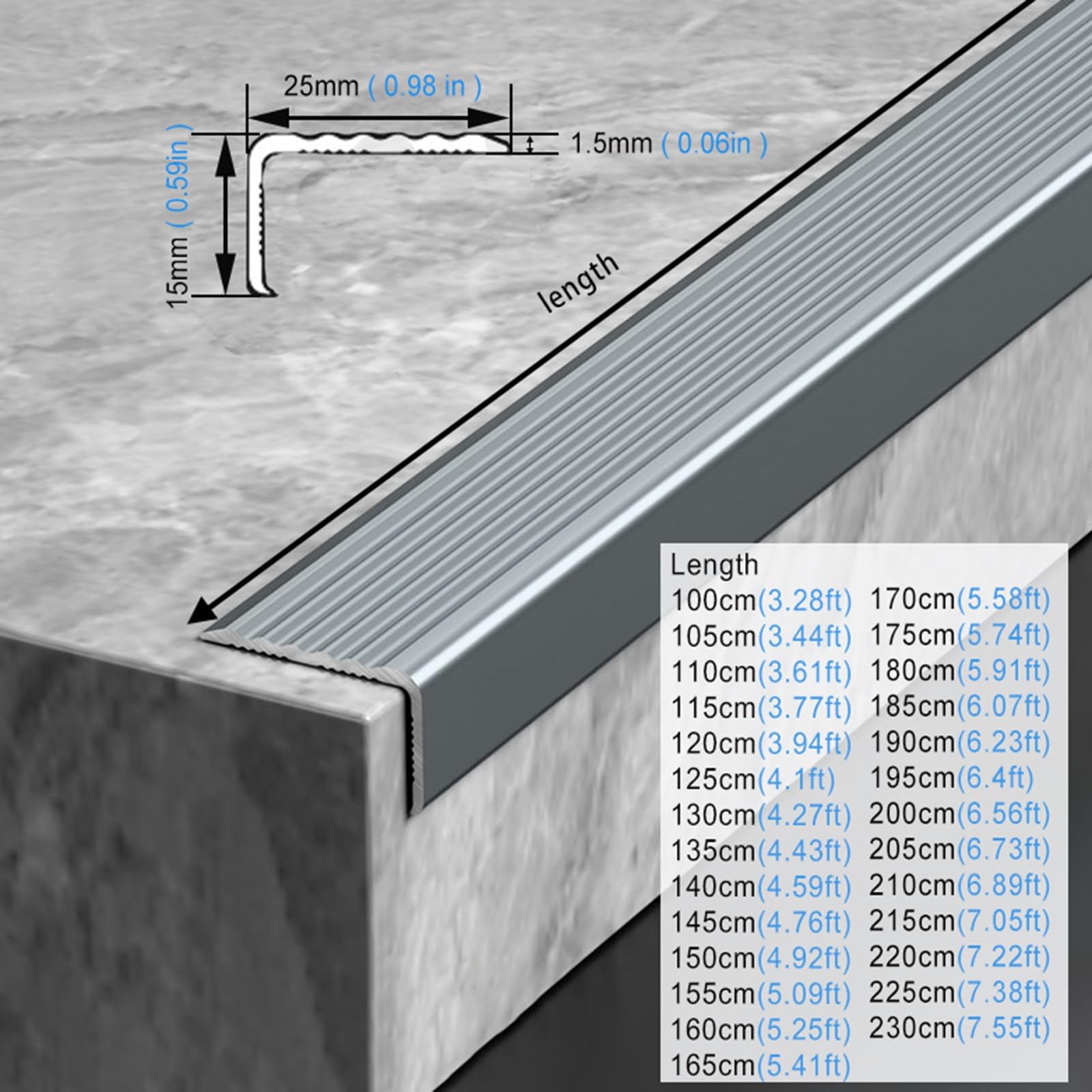 Perfil Protector de Escalera Protector De Bordes Para Escaleras De Aleación De Aluminio, Perfil Antideslizante Gris Cortable Para Escaleras(160cm/5.2ft)