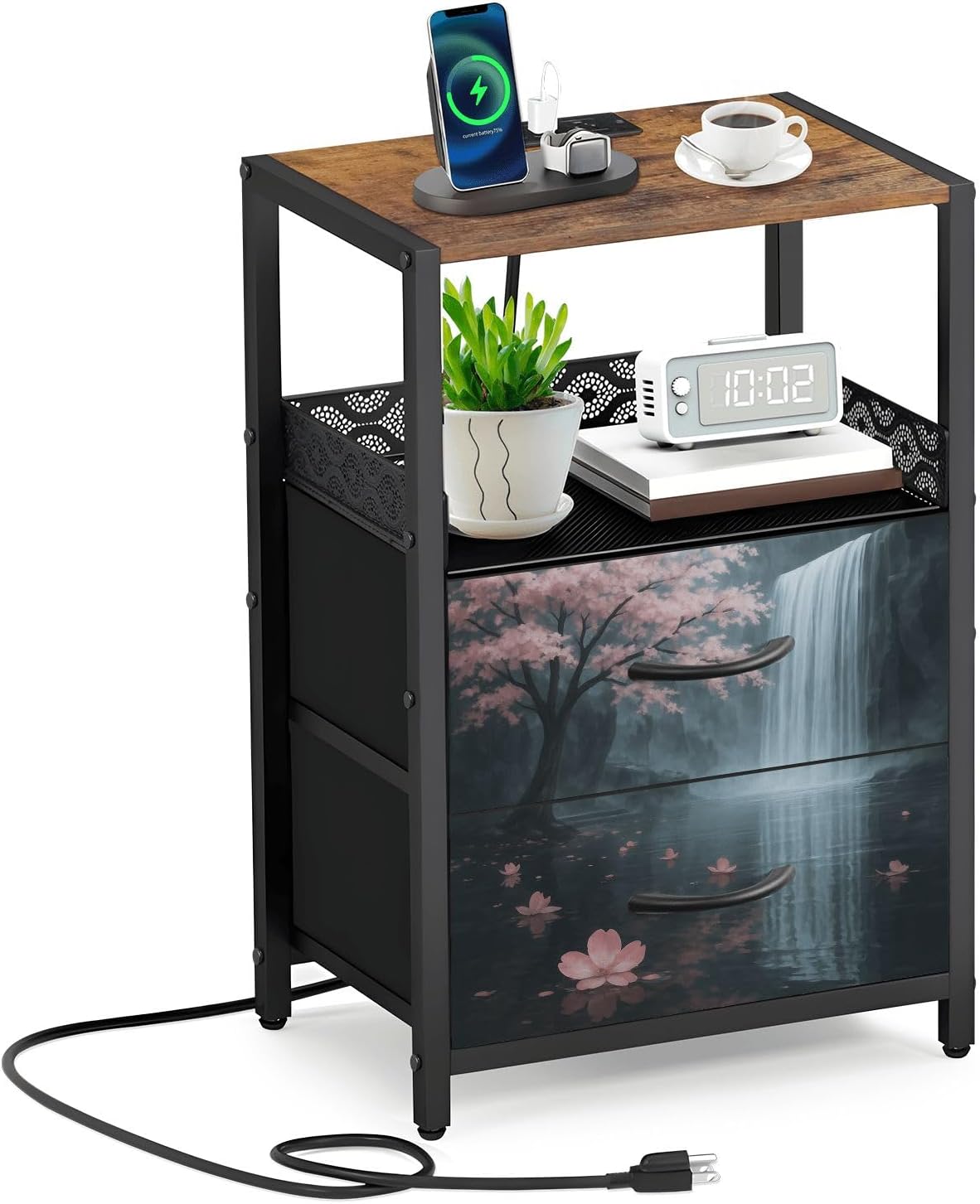 Night Stand with Charging Station Pink Tree Waterfall Cherry Blossom Reflection Water Floating Petals Side Table with Fabric Drawers End Table with Open Shelf Bedside Table with USB Ports & Outlets