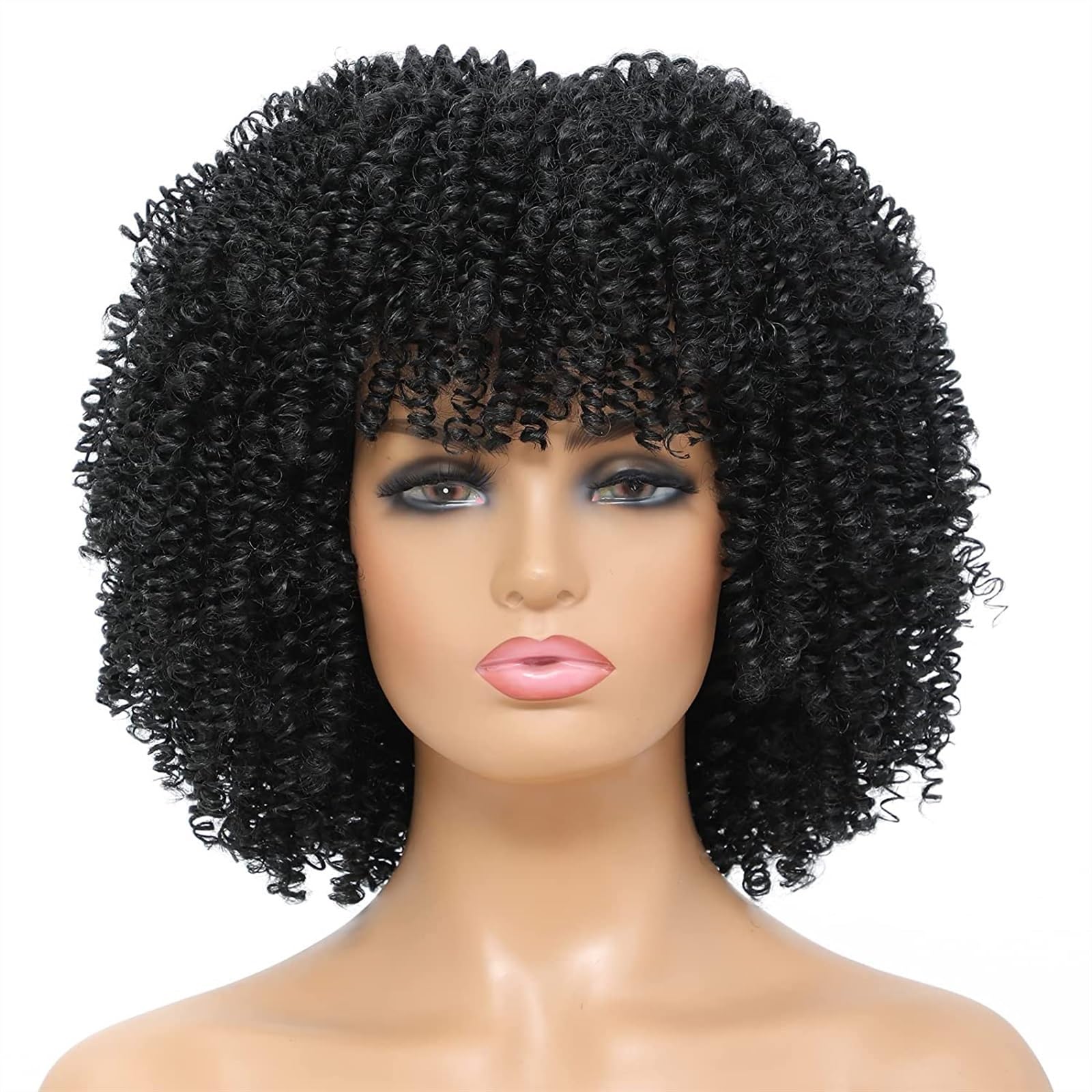 Peruki z koronką falową 12 cali Afro Perwersyjne kręcone Peruki syntetyczne Krótkie kręcone Peruka z grzywką Naturalna czerń Codzienne użytkowanie Bezklejowe włosy w wysokiej temperaturze Peruki z nat