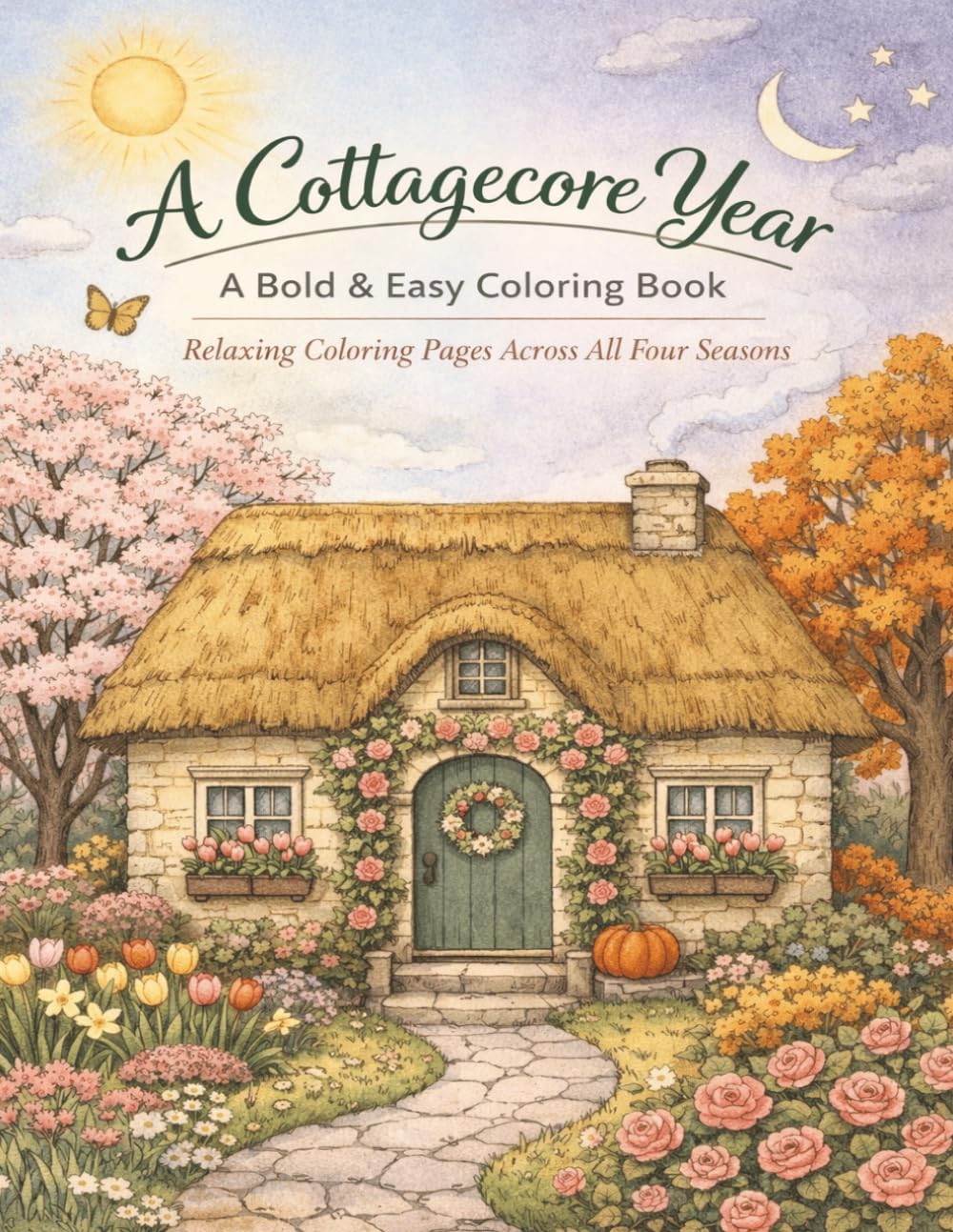 A Cottagecore Year: A Bold & Easy Coloring Book for Adults- Relaxing Seasonal Illustrations of Cozy Cottages, Wildflower Gardens and Woodland Magic (The Bold & Easy Cottagecore Collection)