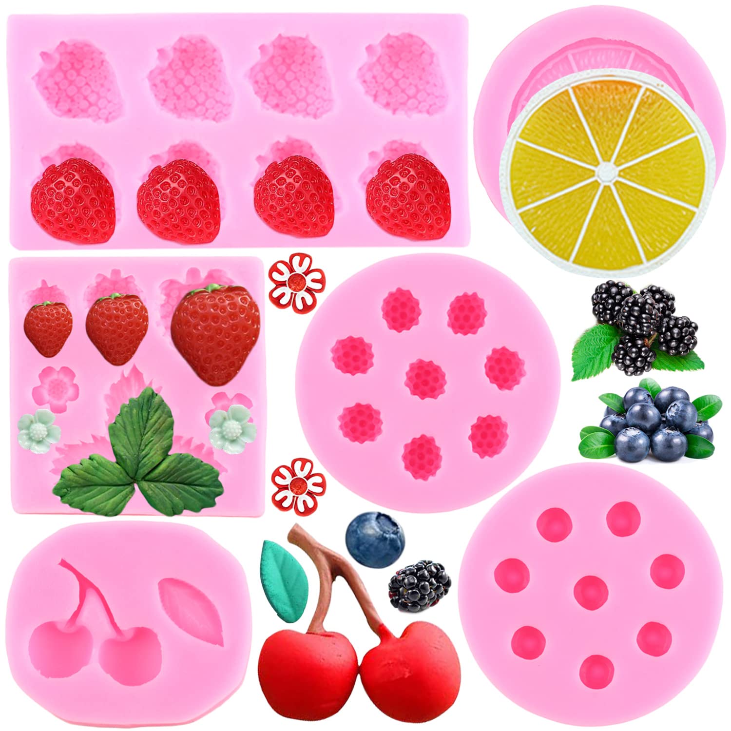 Molde para fondant, frambuesa, cereza, fresa, limón, rodajas de siliocne, serie bayas, azúcar, pasta de goma para chocolate, caramelo, cupcakes, decoración, arcilla polimérica, juego de 6