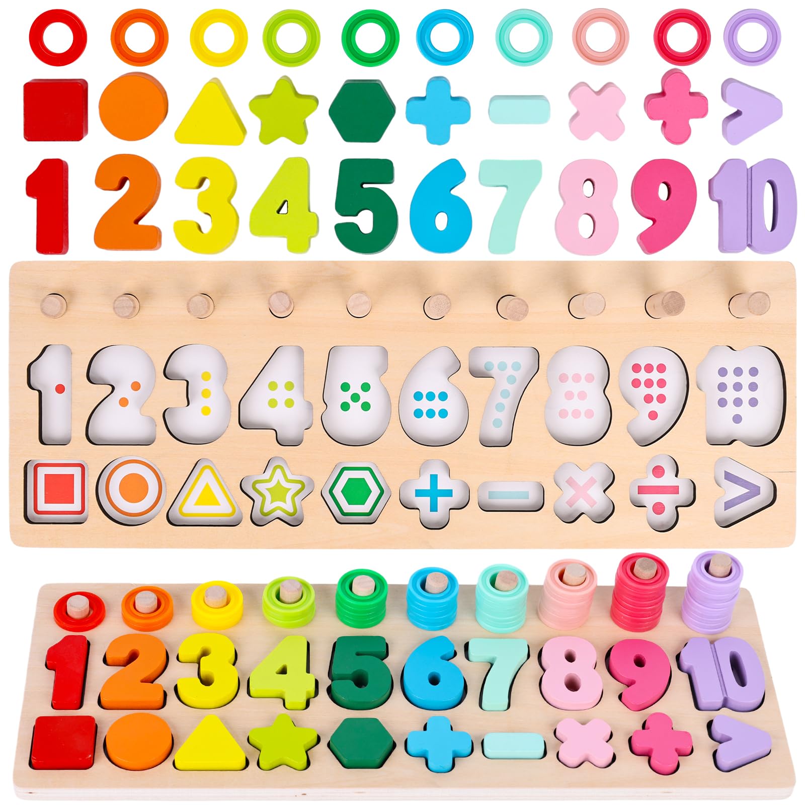 LovesTown Wooden Number Puzzle, Shape Sorting Stacking Counting Game Montessori Toys for Kids Preschool Learning Toys for Boys Girls Birthday Gifts