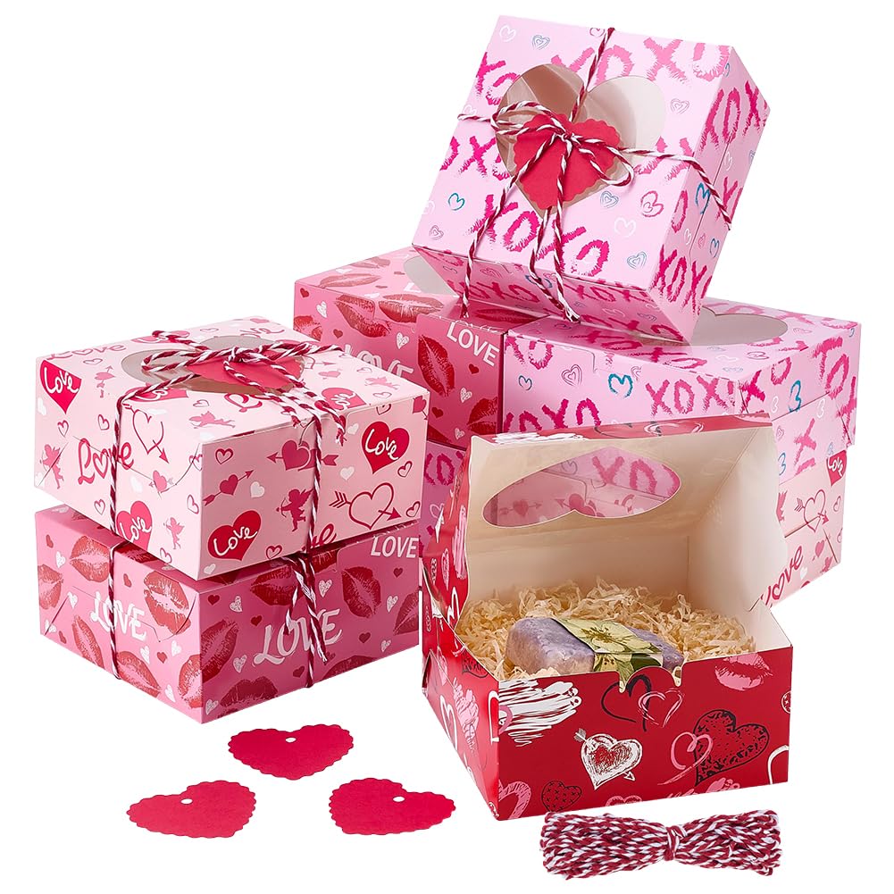 PH PandaHall 24 Pack Heart Cookie Boxes with PVC Window 4 Style 5.9x5.9x3 inch Paper Heart Bakery Treat Boxes Kraft Paper Cupcake Box for Wedding Cooking Party Valentine's Day Treat Packaging