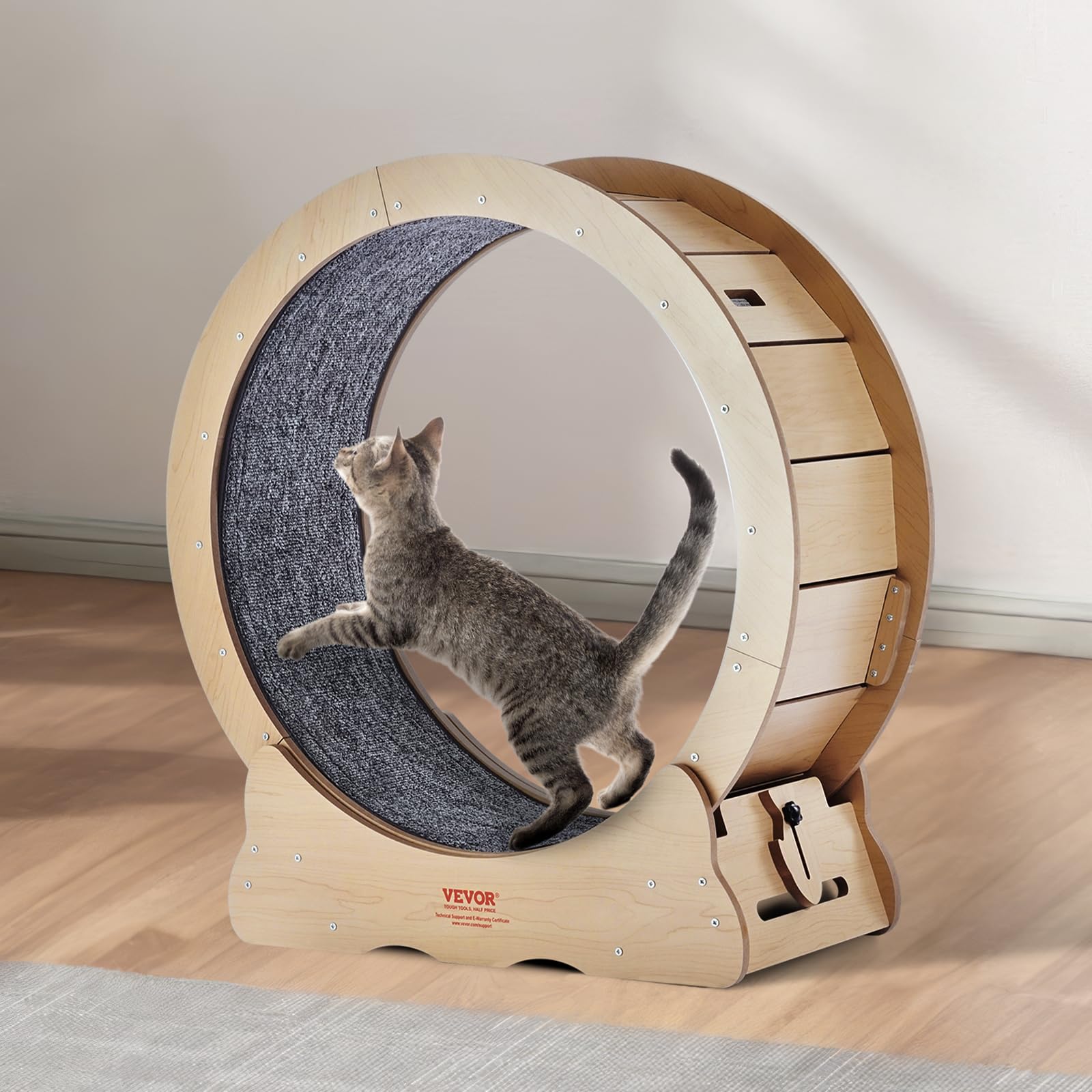 VEVOR Ruota per Esercizi per Gatti in Legno Compensato, Ruota per Tapis Roulant per Gatti 75 cm, Ruota per Corsa con Tappeto Staccabile e Teaser per Maggior Parte Gatti per Corsa Allenamento Interno