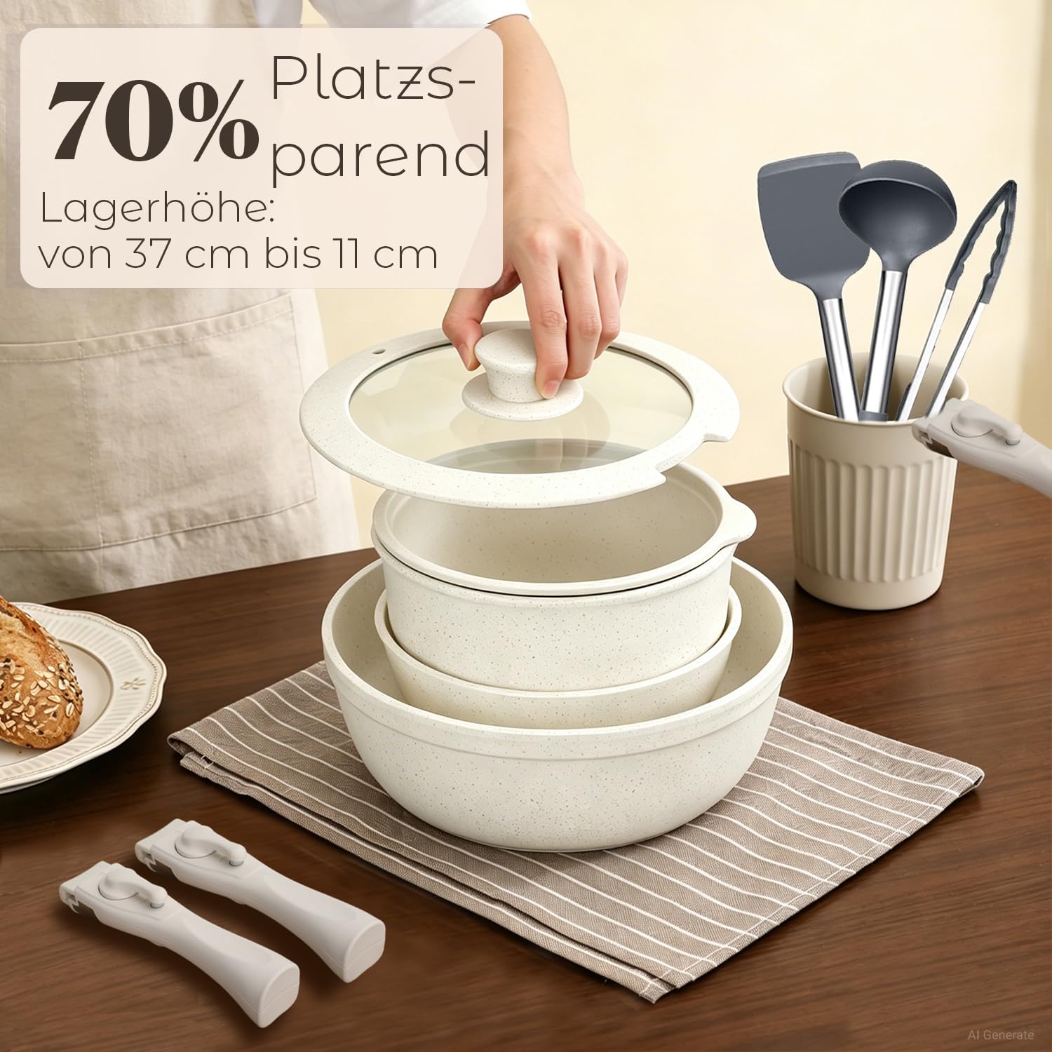 18-Teiliges Kochgeschirr Set mit Abnehmbaren Griffen, Granit Antihaft Topfsets Pfannenset, induktionsgeeignet & ofenfest, stapelbar Topfset für alle Herdarten, Ideal für Zuhause, Camping Sahne