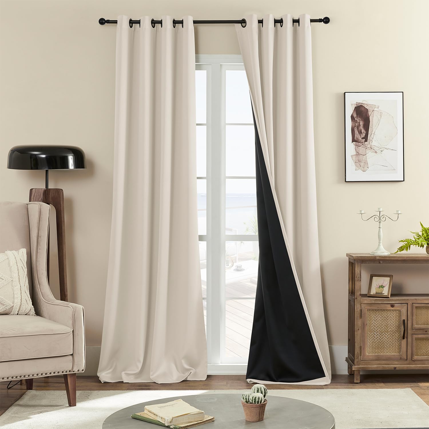 Rutterllow 100% Blackout Curtains, 92 Inches Long Full Blackout Drapes for Bedroom/Kids Room, Thermal Insulated Living Room Window Treatment Drapes (Set of 2 Panels, Brige, 52 x 92 inch)