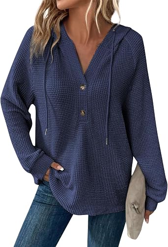 Hoodies for Women Oversized Waffle Knit Long Sleeve Button Down Shirt V Neck Crochet Tunic Pullover Sweaters Tops