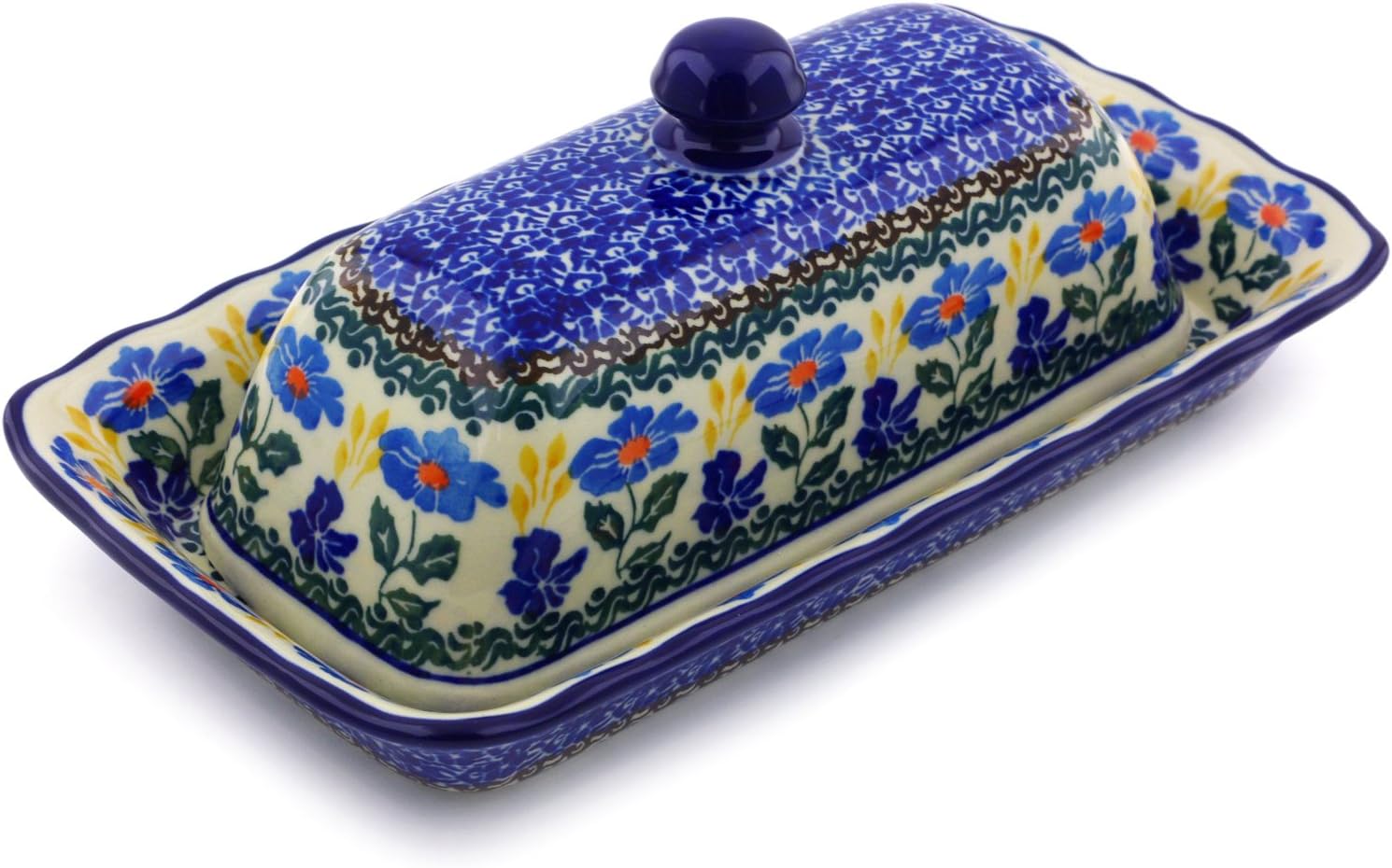 Polmedia Polish Pottery Butter Dish - Blue Forget-Me-Nots Pattern Handmade in Boleslawiec Poland by Ceramika Artystyczna + Certificate of Authenticity