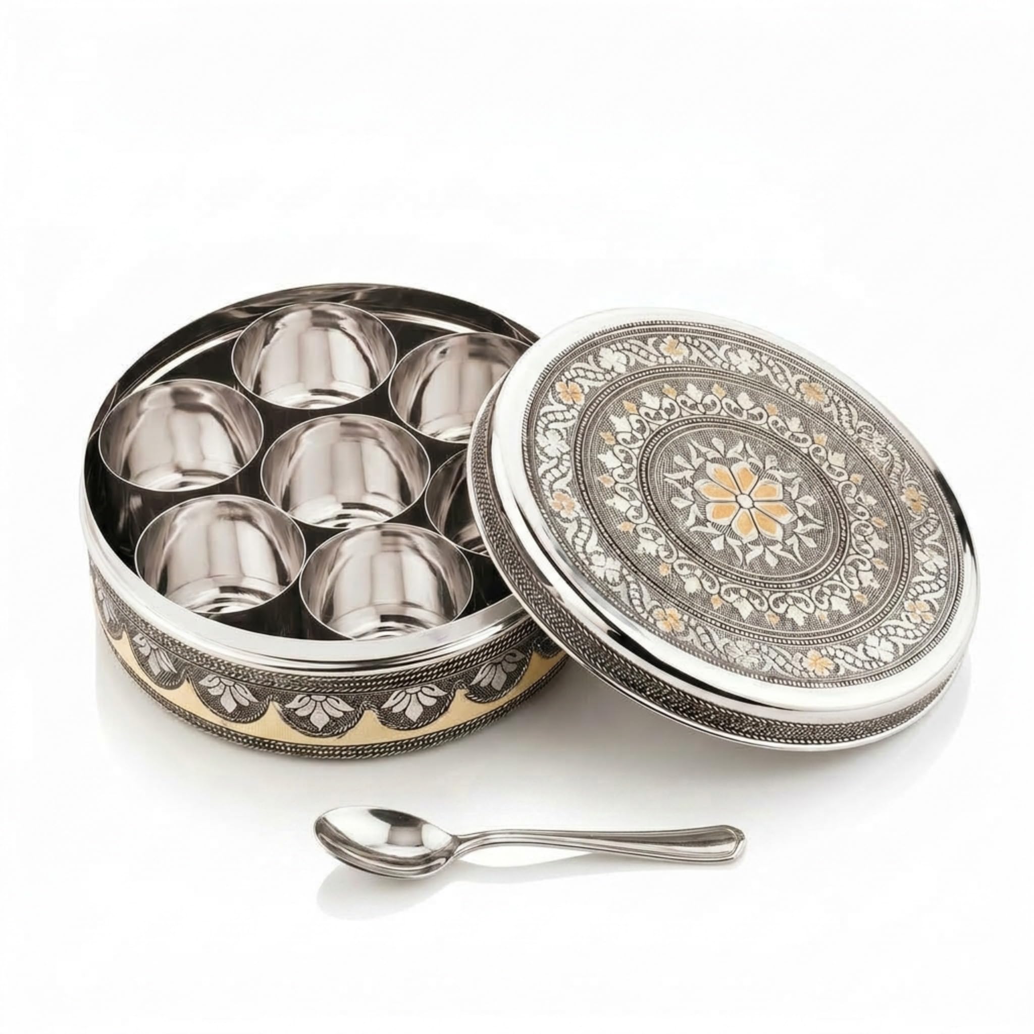 Bub Designer Spice Tin Stainless Steel 18.5cm with 7 Pots and Spoon, Handmade Indian Masala Dabba, Decorative Food Grade Steel Spice Container