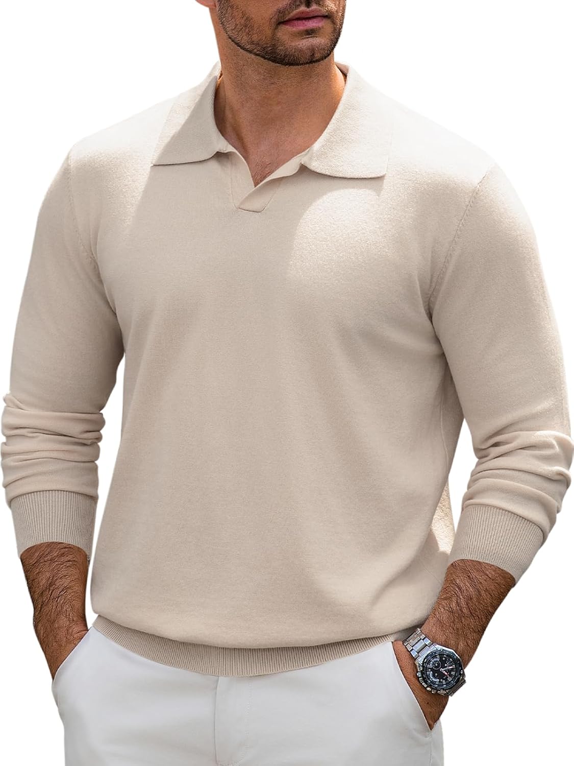 LIFROWI Mens Knit Polo Sweater Long Sleeve V Neck Casual Golf Polo Lightweight Collar Pullover Sweaters